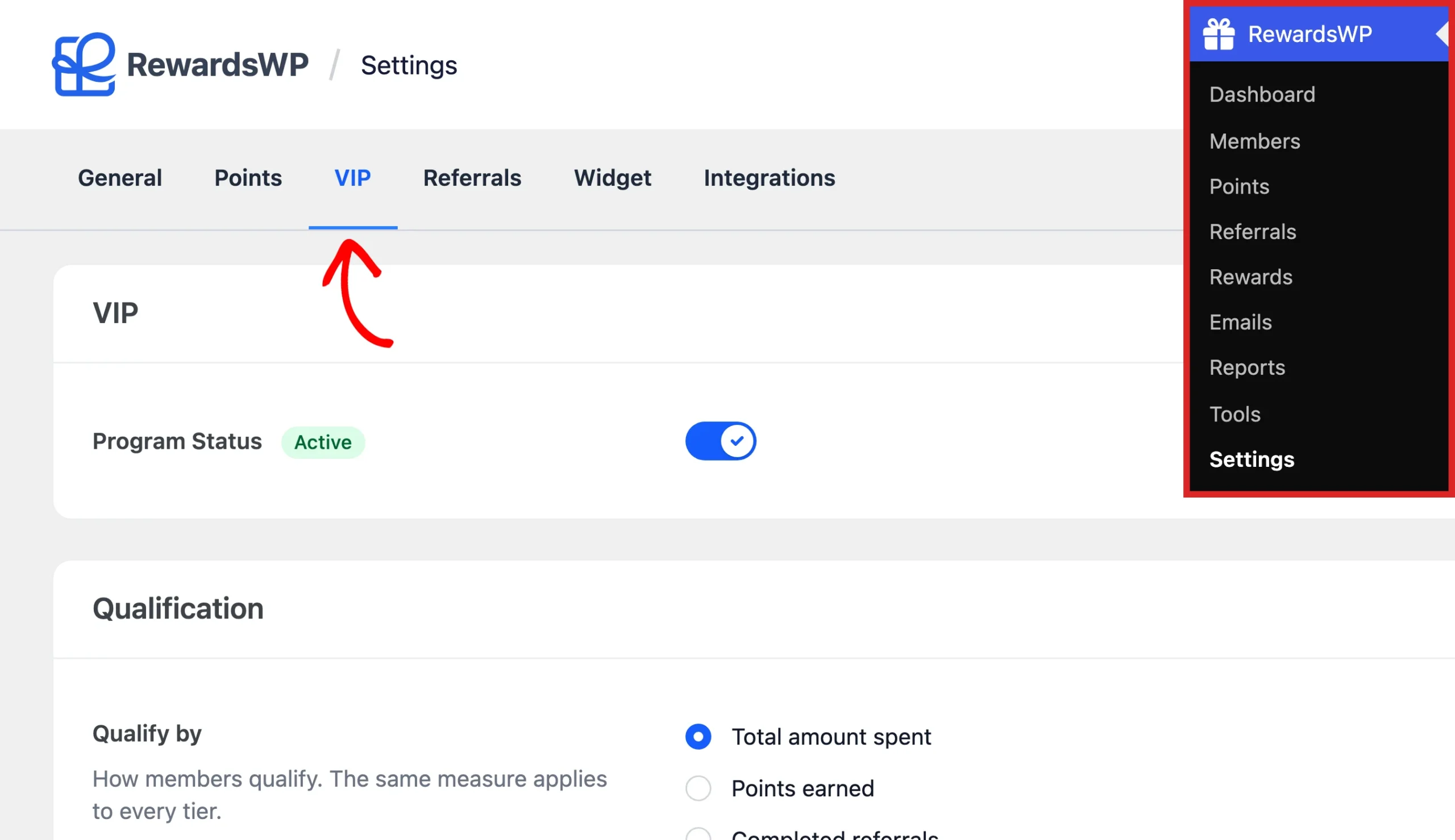 VIP tab of the RewardsWP settings with an arrow pointing at it, and the RewardsWP admin menu with Settings highlighted