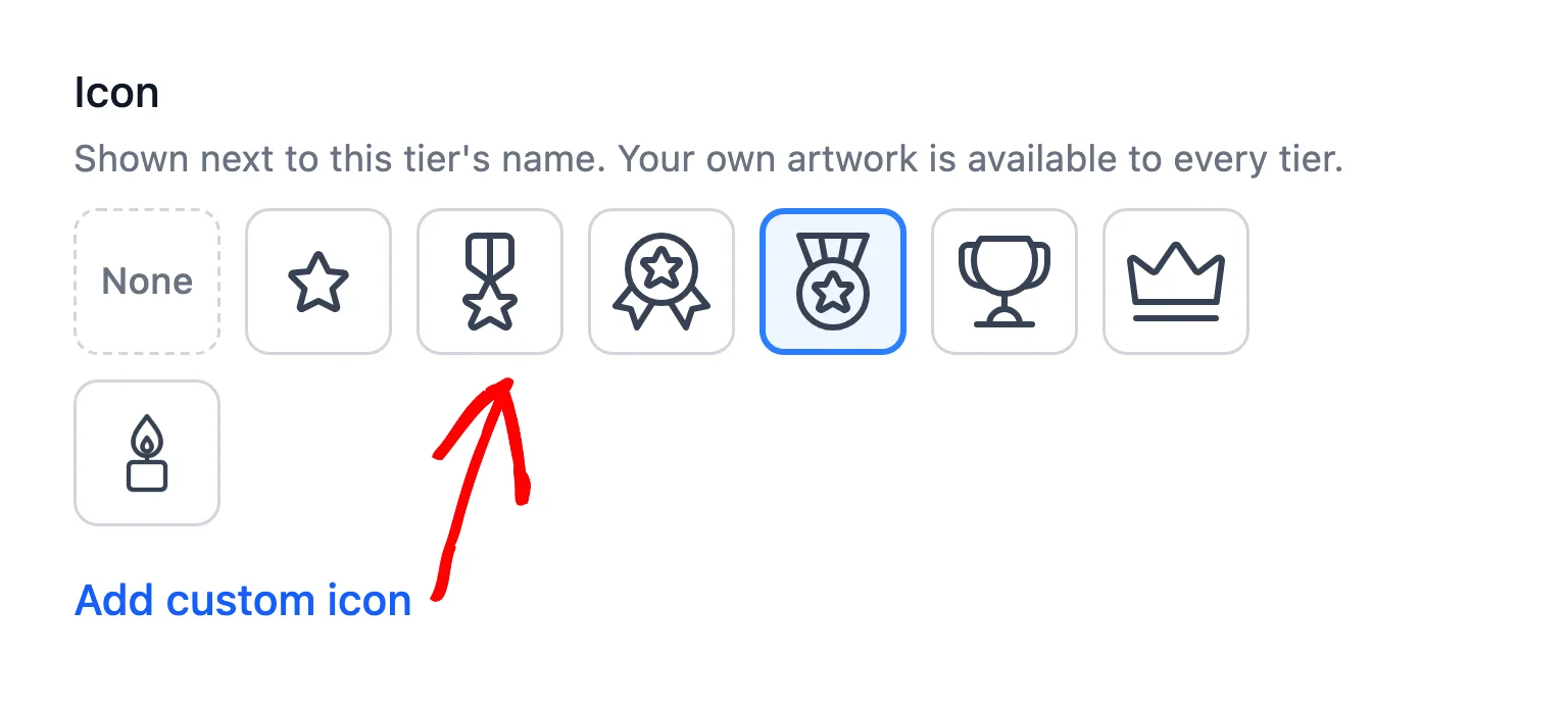 Icon picker showing None, the built-in tier icons, and the Add custom icon button, with an arrow pointing at the ribbon badge