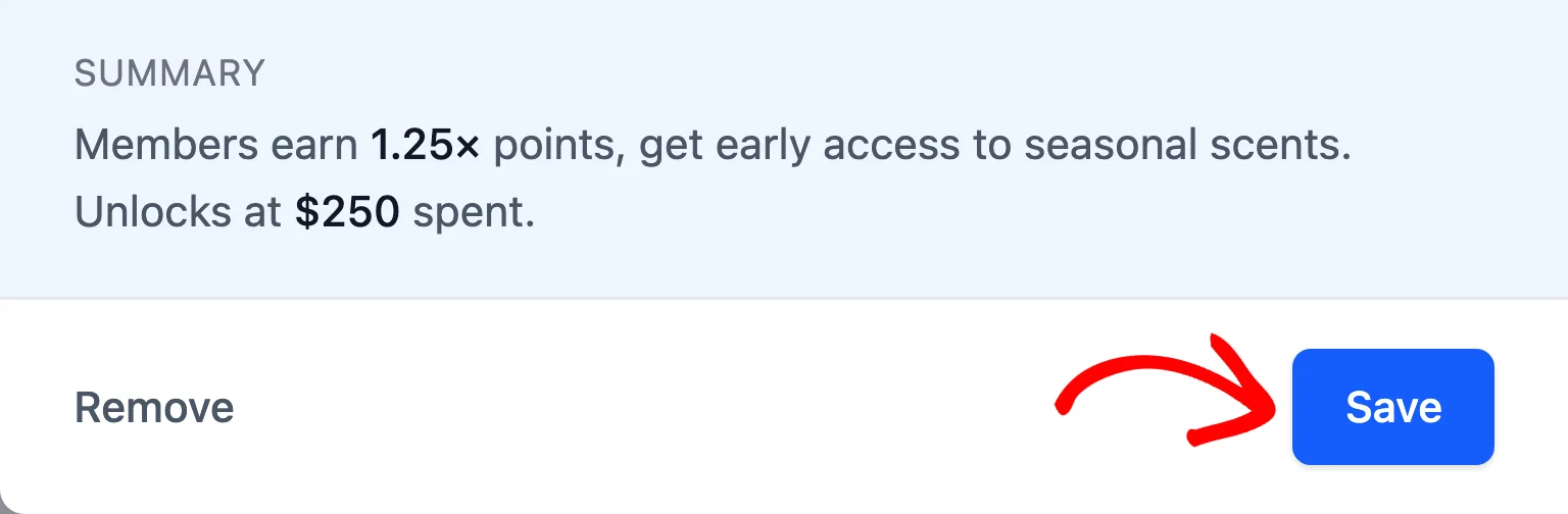 Bottom of the Edit tier drawer with an arrow pointing at the Save button
