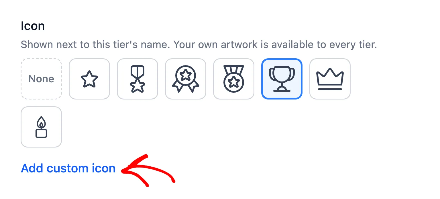 Icon picker with an arrow pointing at the Add custom icon button