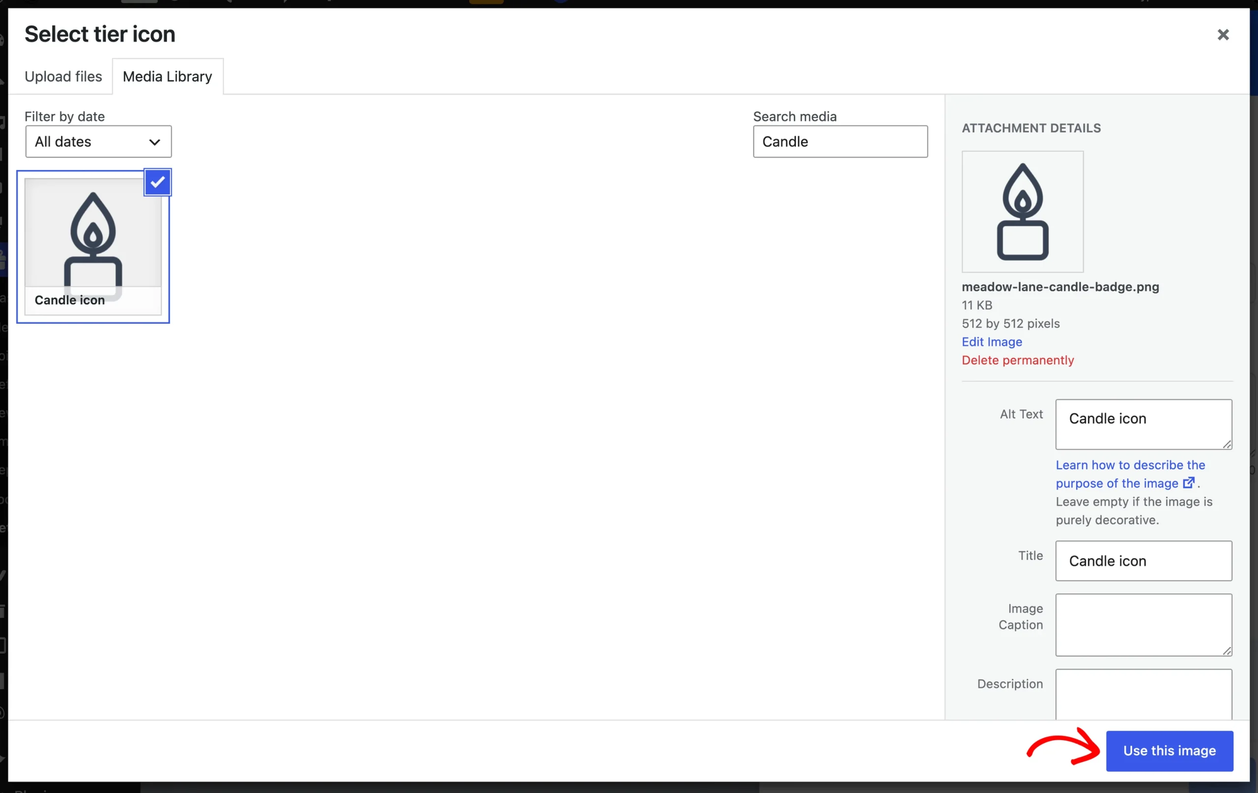 WordPress media frame titled Select tier icon with the candle icon selected and an arrow pointing at the Use this image button