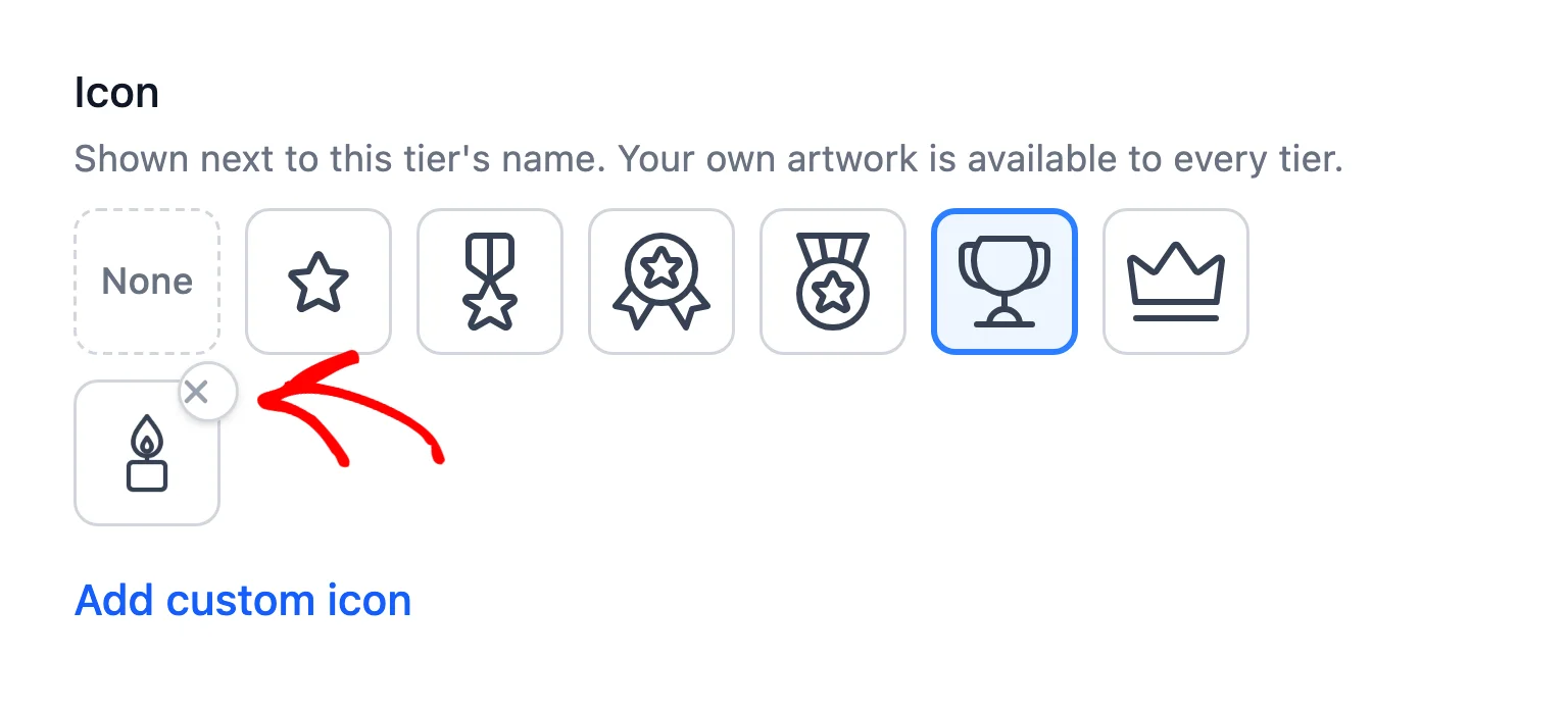 Custom icon thumbnail in the Icon picker with its remove button