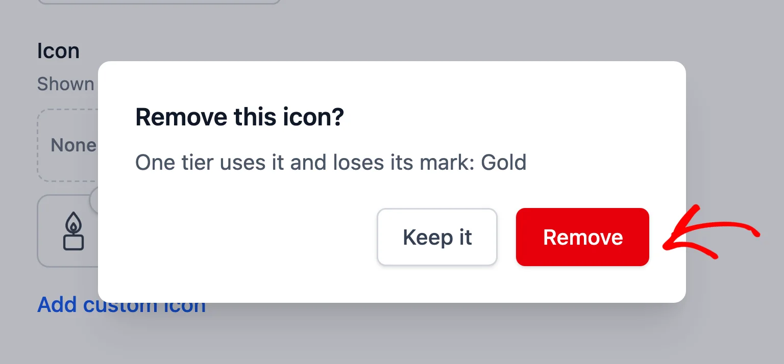 Remove this icon? confirmation naming the Gold tier as the one that uses the custom icon, with an arrow pointing at the Remove button