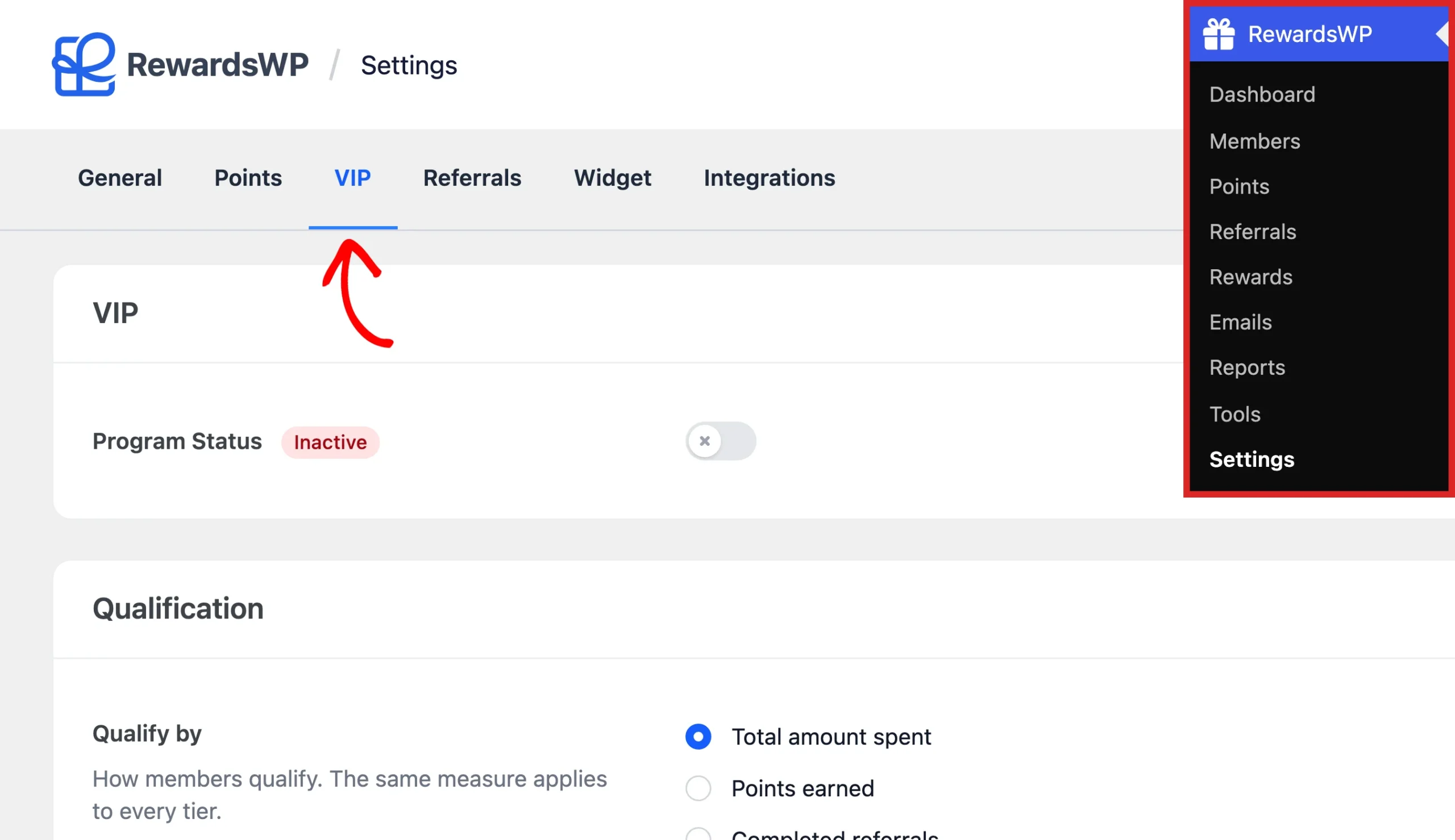 RewardsWP Settings screen with an arrow pointing at the VIP tab, and the RewardsWP admin menu with Settings highlighted