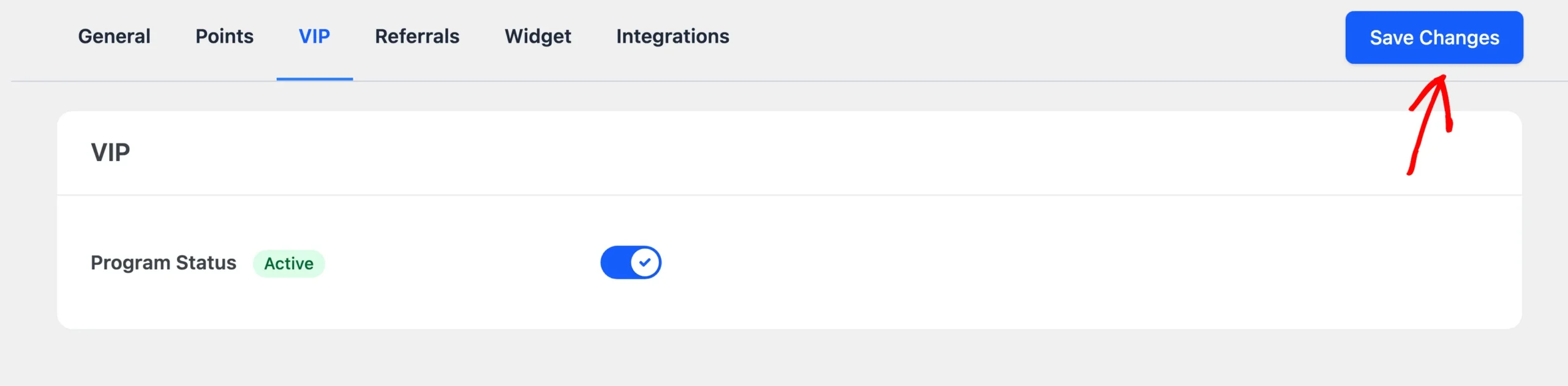 Save Changes button beside the RewardsWP settings tabs with an arrow pointing at it