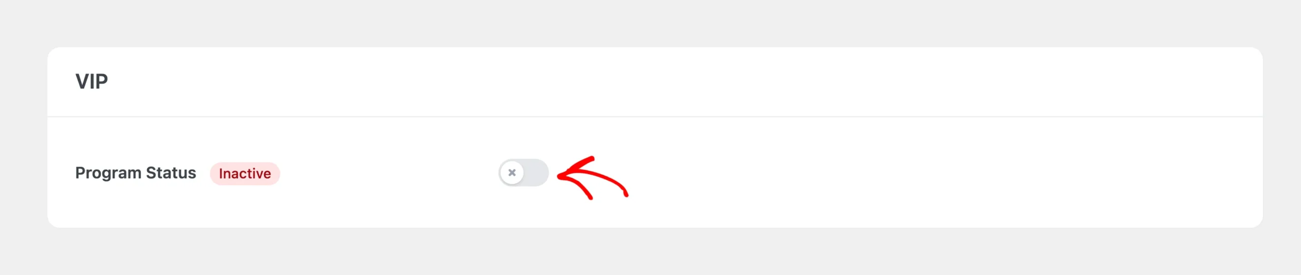 Program Status toggle turned off in the VIP section with the Inactive badge