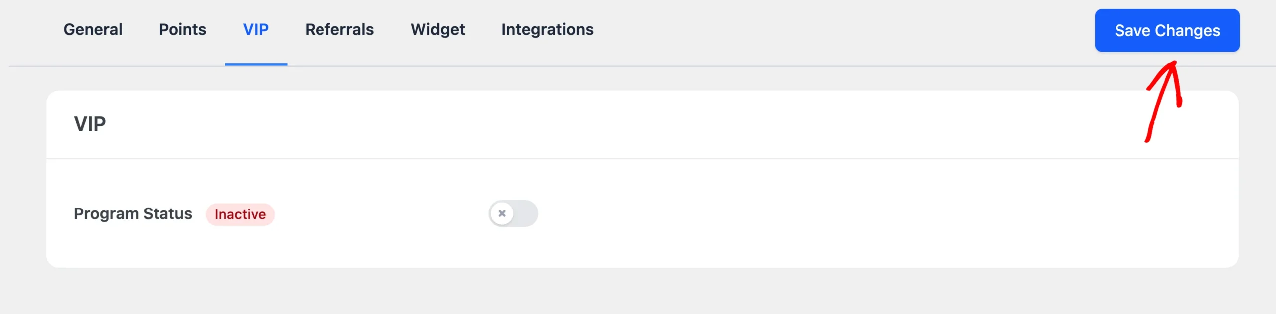 Save Changes button beside the settings tabs, with the Program Status toggle turned off and the Inactive badge