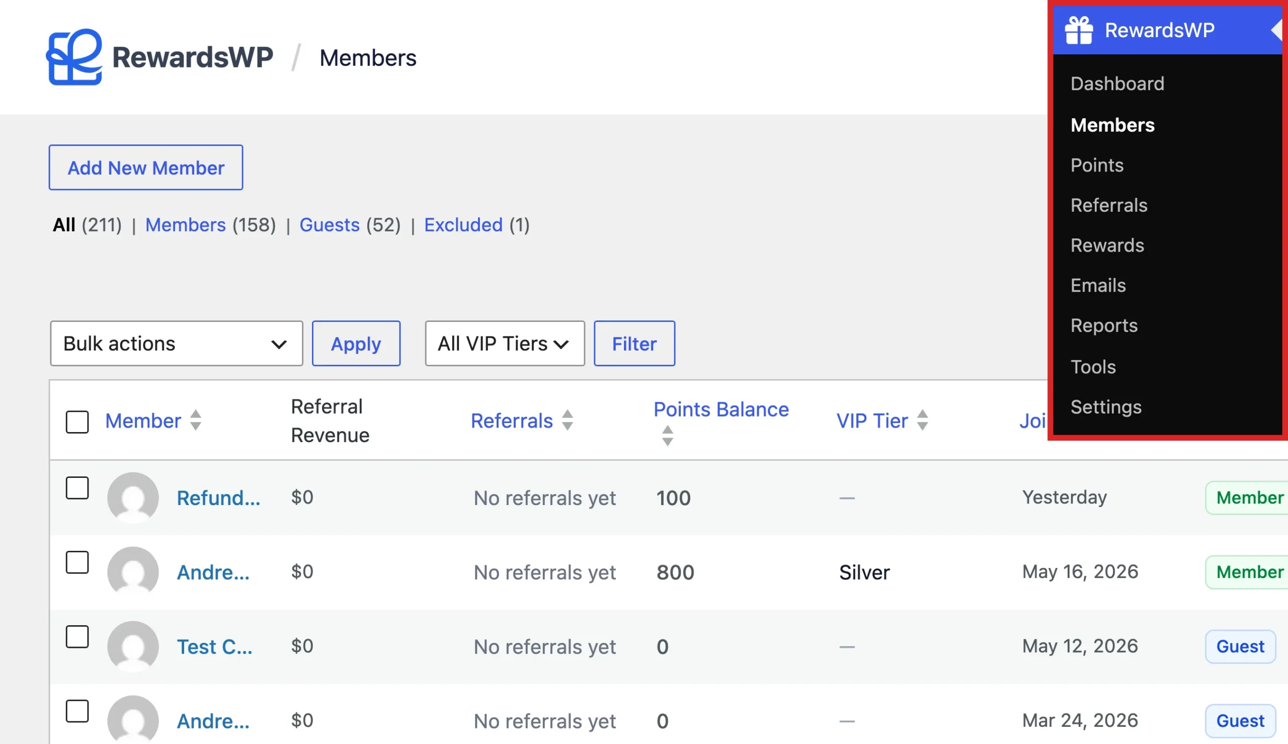 RewardsWP admin menu with Members highlighted