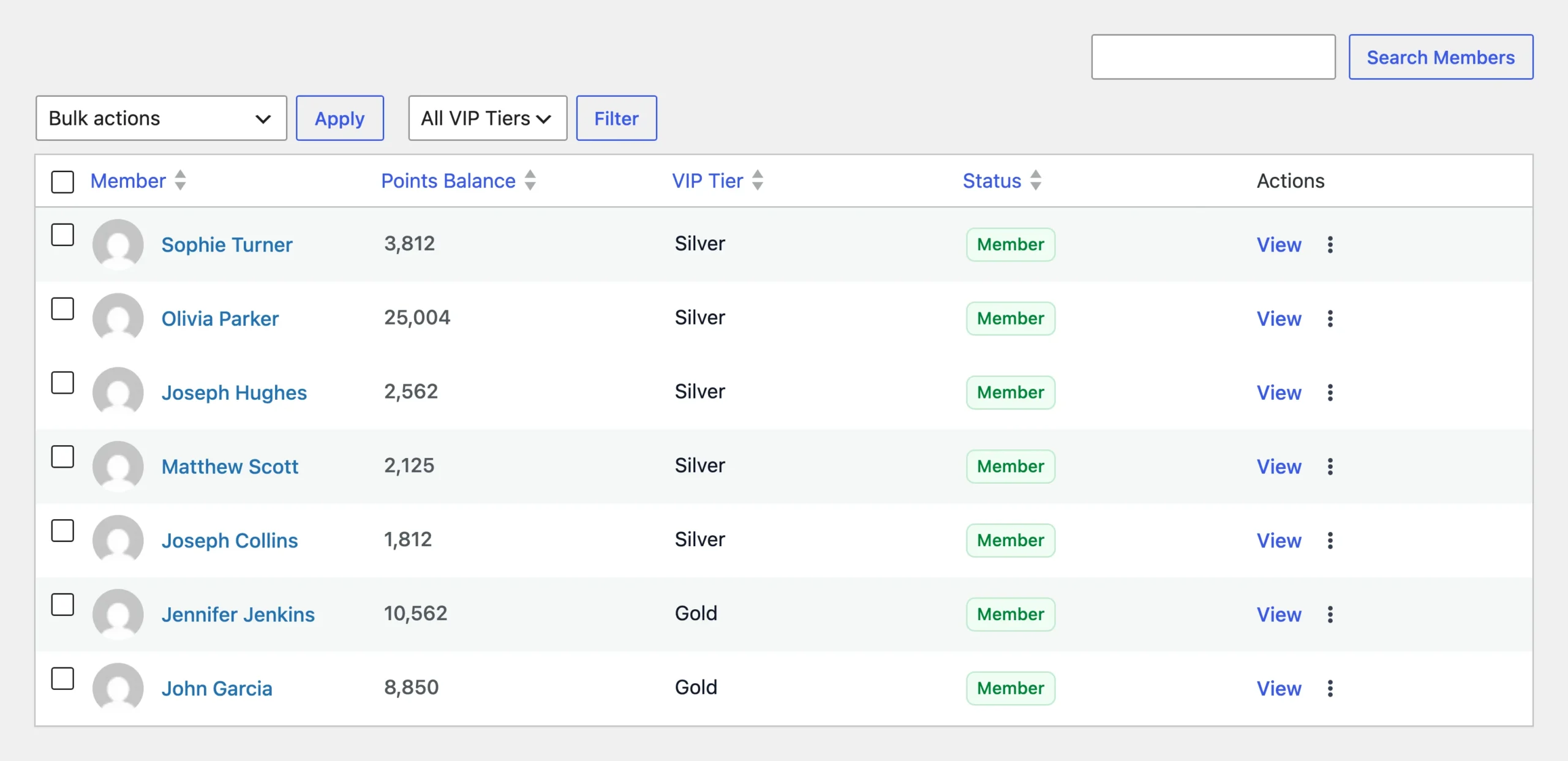 RewardsWP Members list with the VIP Tier column showing each member's tier
