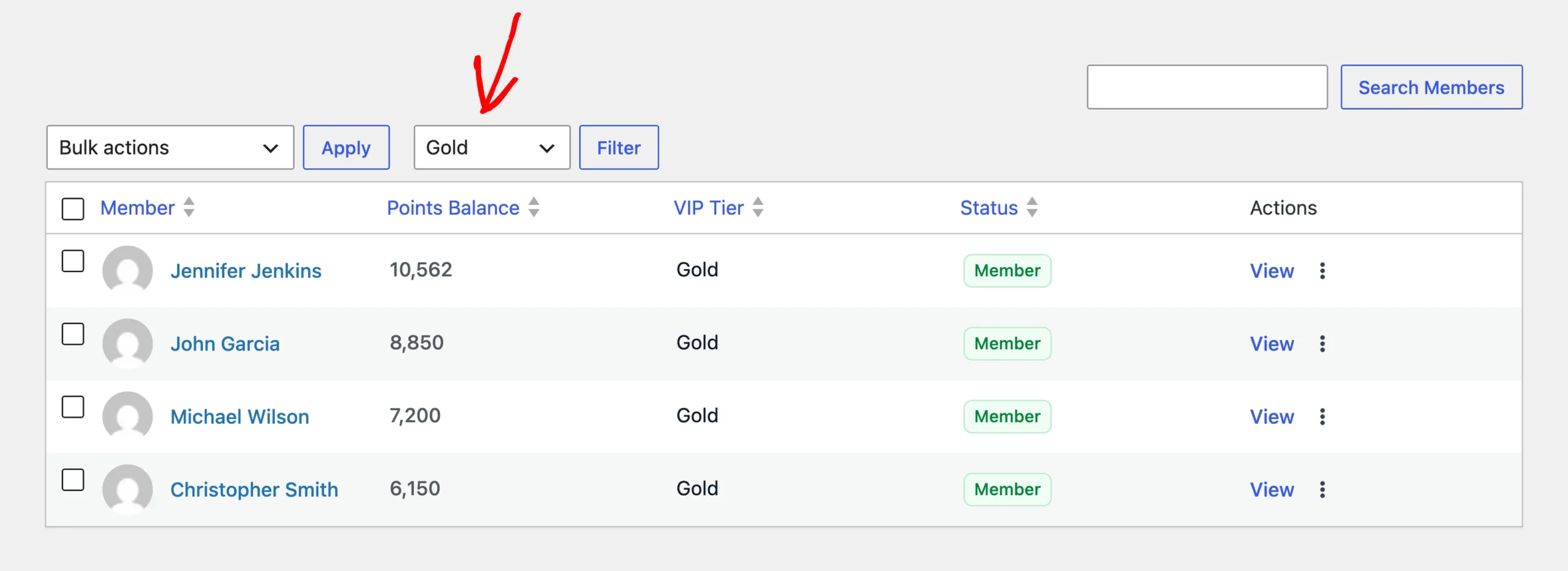 Members list filtered to Gold, with an arrow pointing at the VIP tier dropdown beside the Filter button