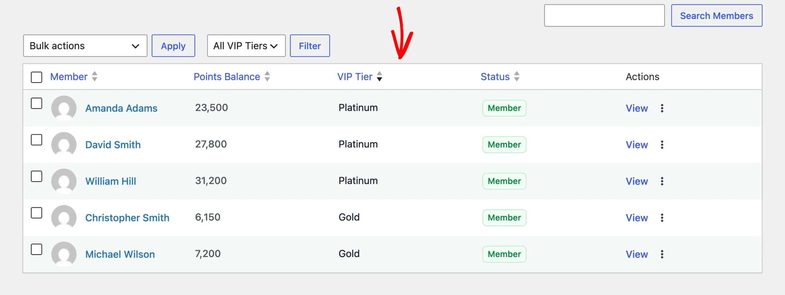 Members list sorted by the VIP Tier column
