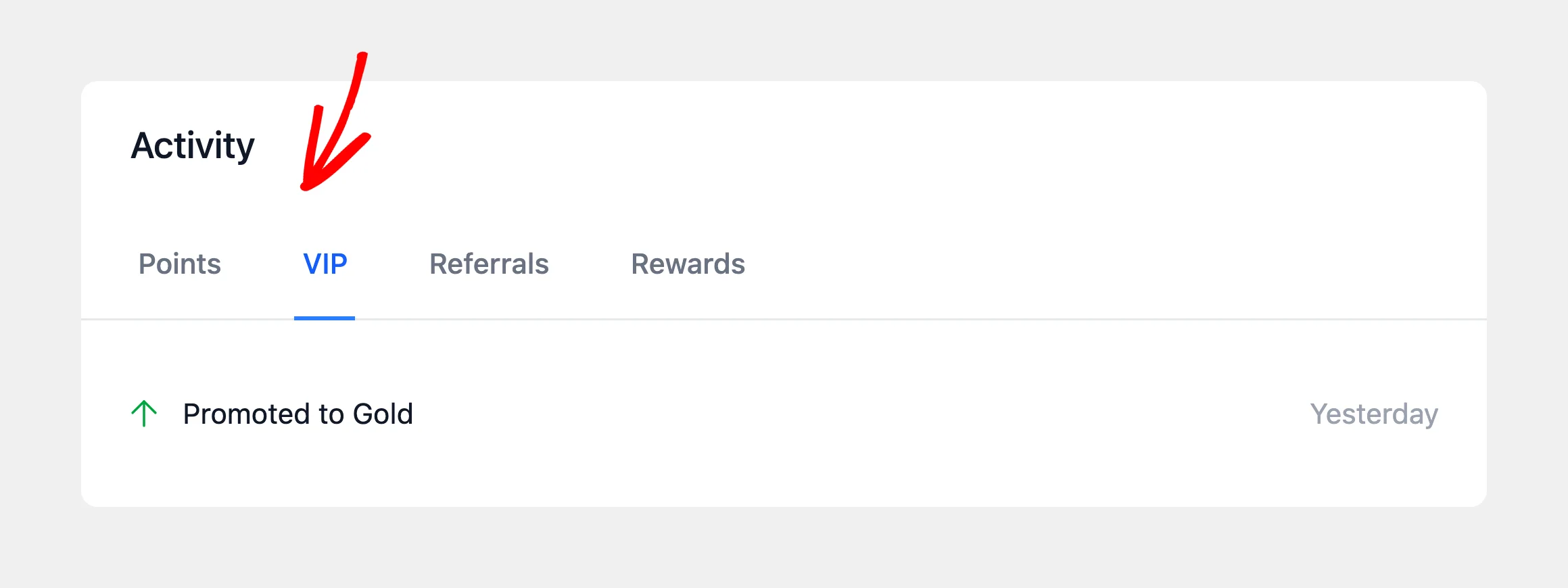 Activity card on a member profile with the VIP tab selected, listing the member's tier changes