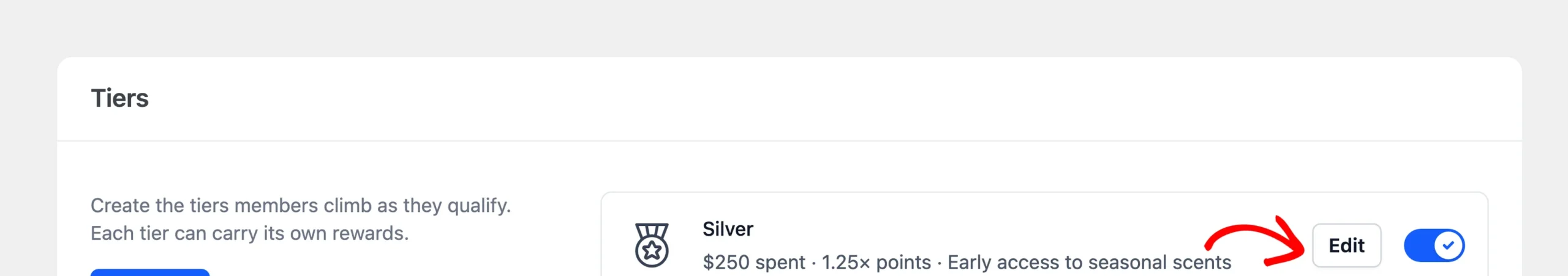 Tiers section of the VIP settings tab with an arrow pointing at the Gold tier's Edit button
