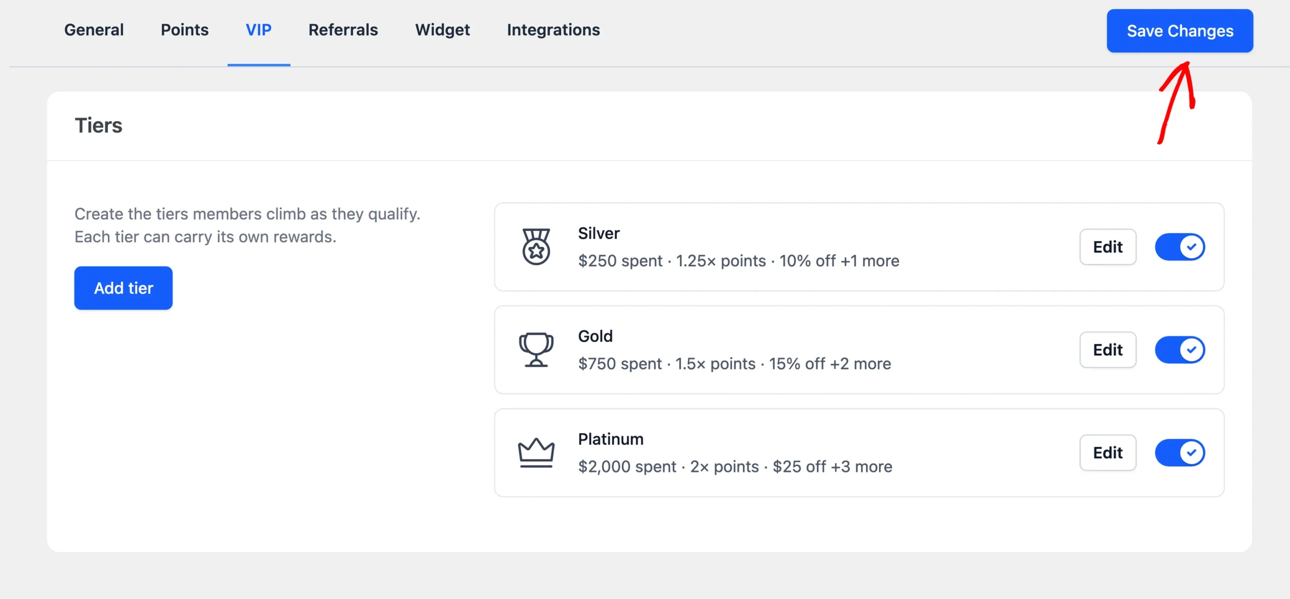 Save Changes button beside the RewardsWP settings tabs with an arrow pointing at it