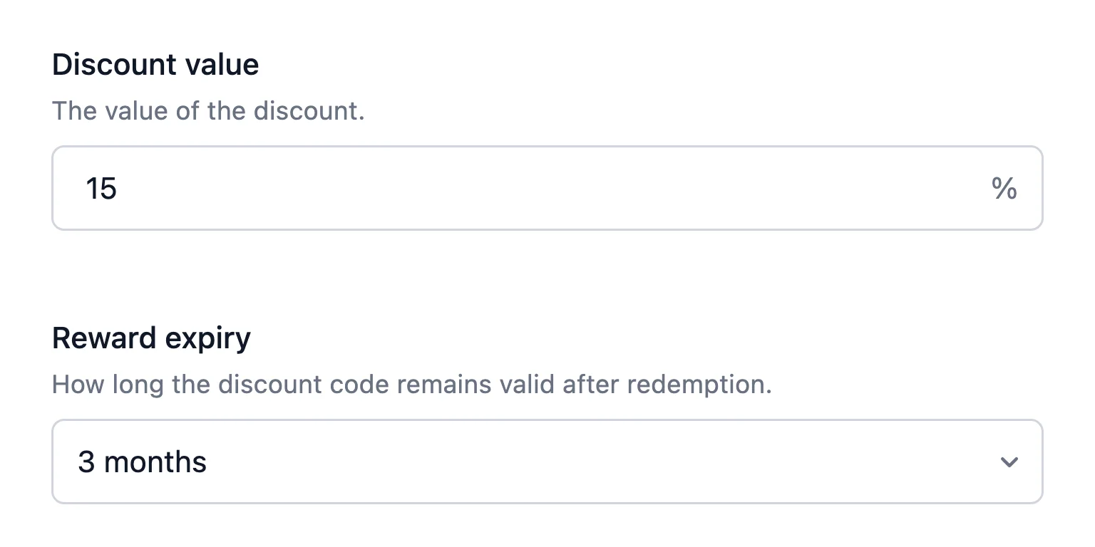 Discount value and Reward expiry fields for a percentage discount entry reward