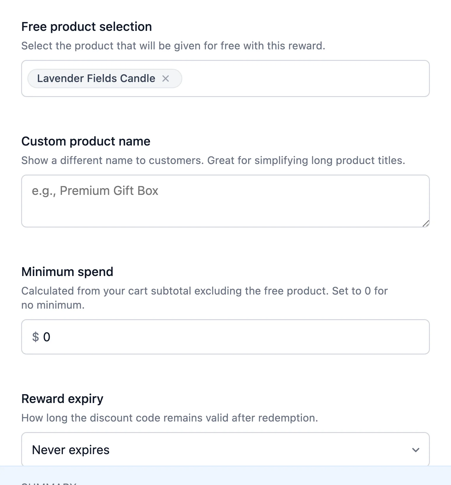 Free product selection, Custom product name, Minimum spend, and Reward expiry fields for a free product entry reward