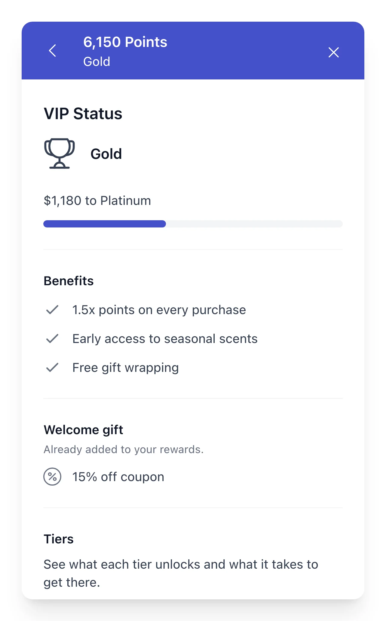 VIP Status panel showing the member's current tier, benefits, and welcome gift