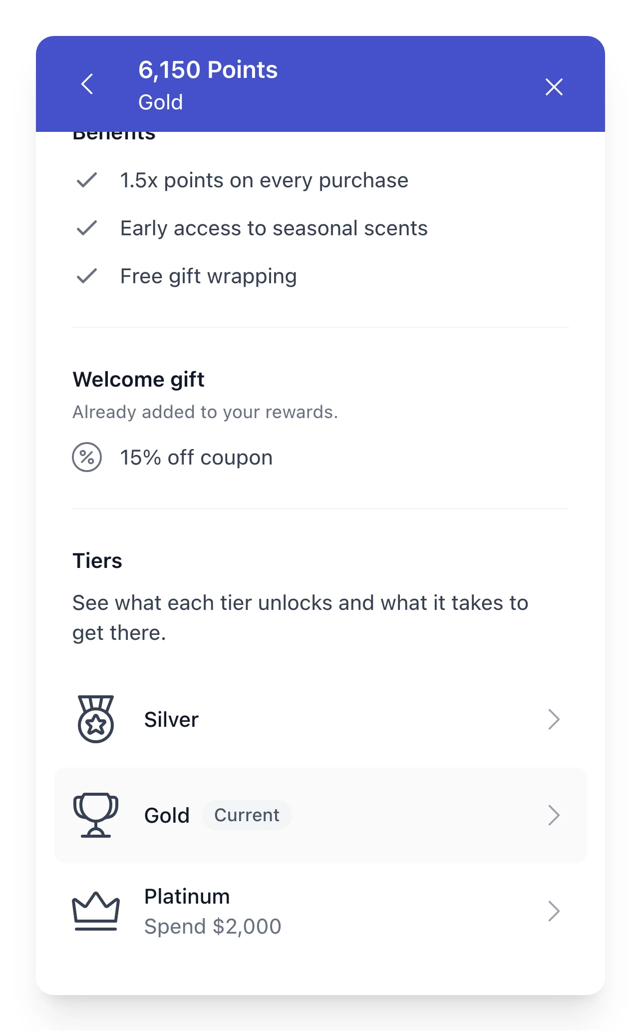 Tier ladder in the VIP Status panel listing every tier, with the current tier marked and the requirement for the tier not yet reached