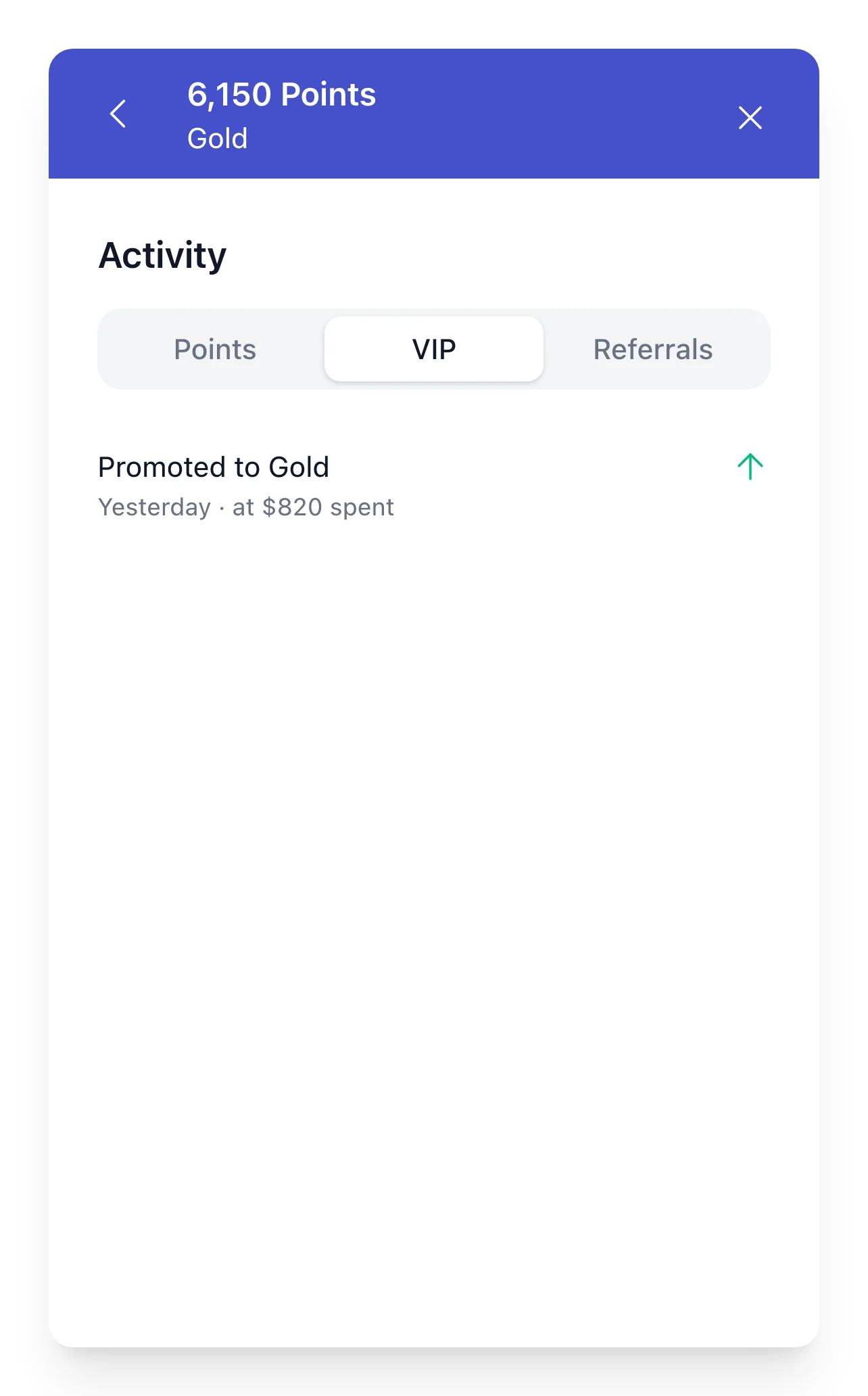 Activity panel in the Rewards Widget with the VIP tab selected, listing the member's tier changes