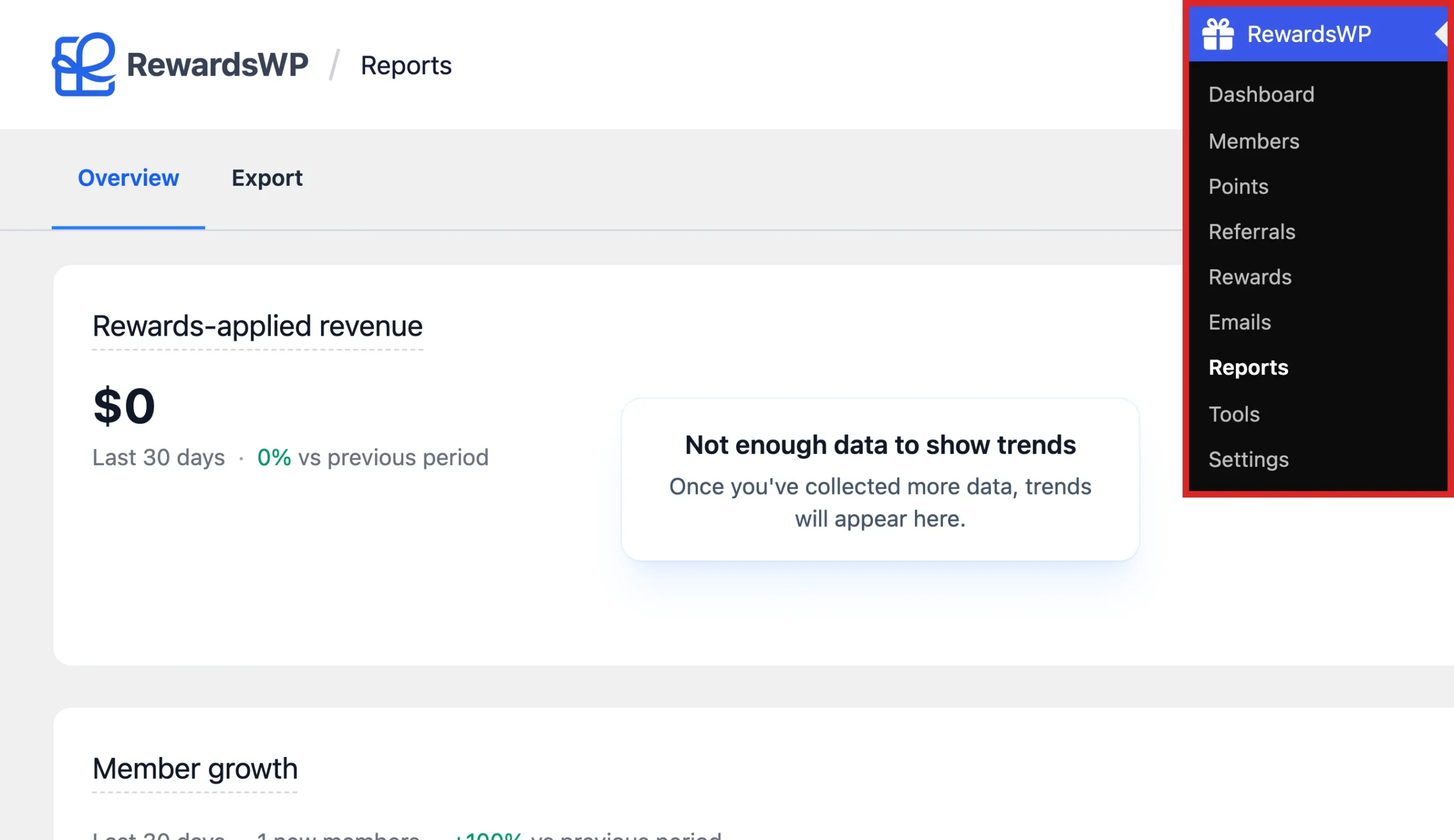 RewardsWP admin menu with Reports highlighted