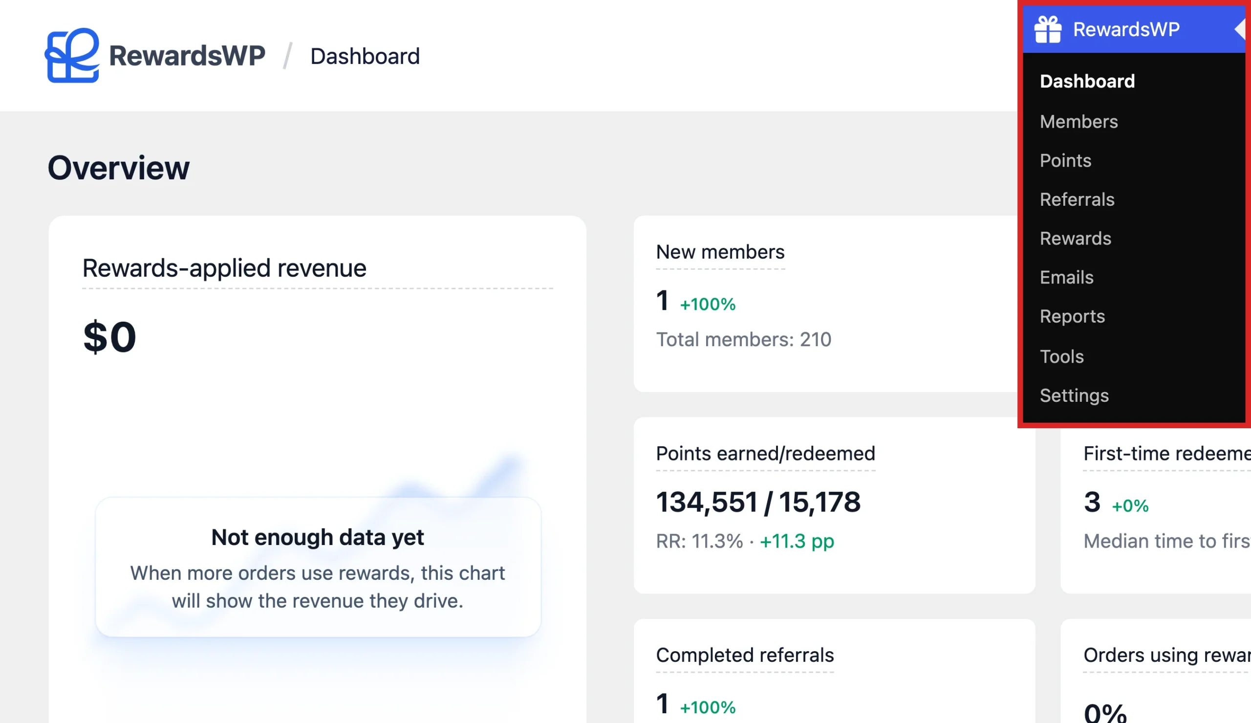 RewardsWP admin menu with Dashboard highlighted