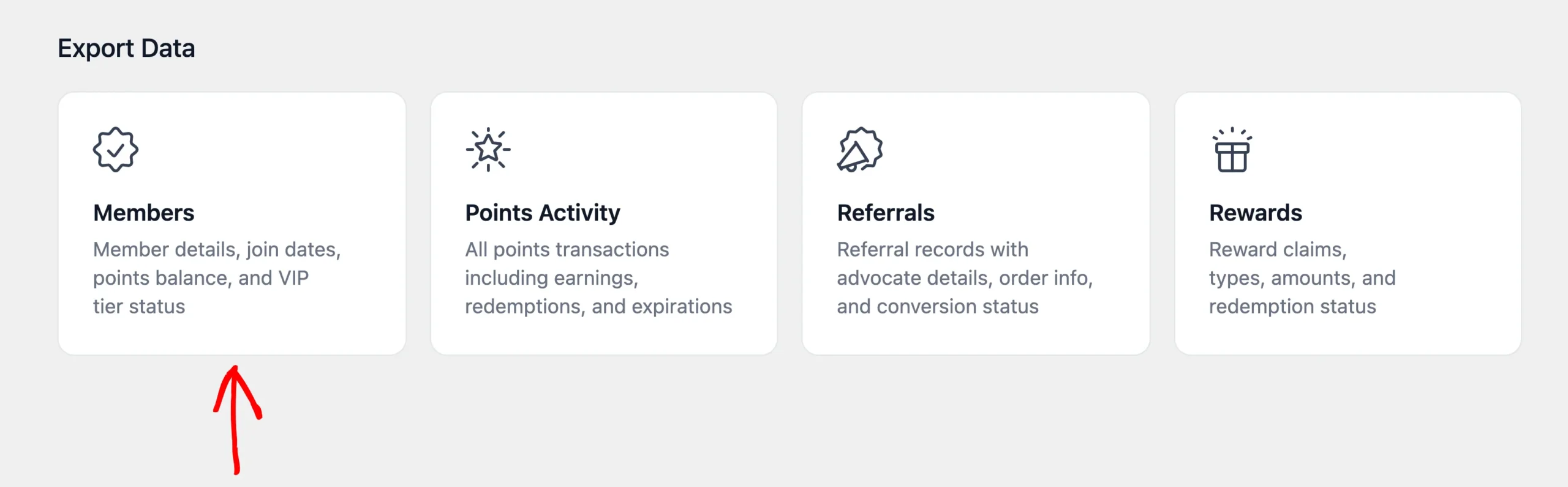 Export Data cards on the RewardsWP Reports Export tab with an arrow pointing at the Members card