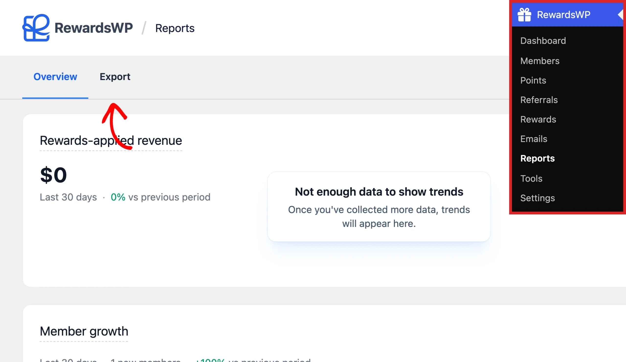 RewardsWP Reports screen with the Reports menu item highlighted and an arrow pointing at the Export tab