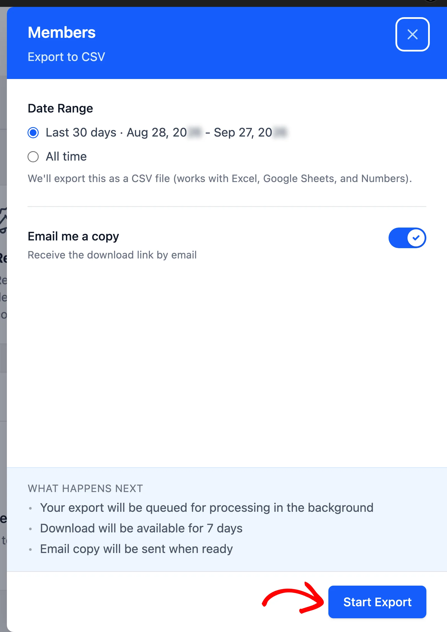 Members export drawer with the Date Range options and an arrow pointing at the Start Export button