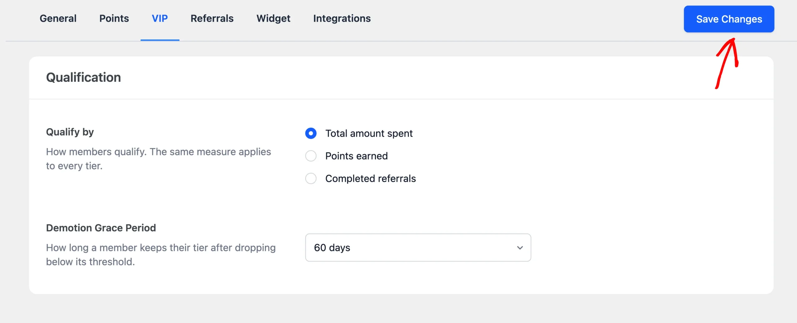 Save Changes button beside the RewardsWP settings tabs with an arrow pointing at it