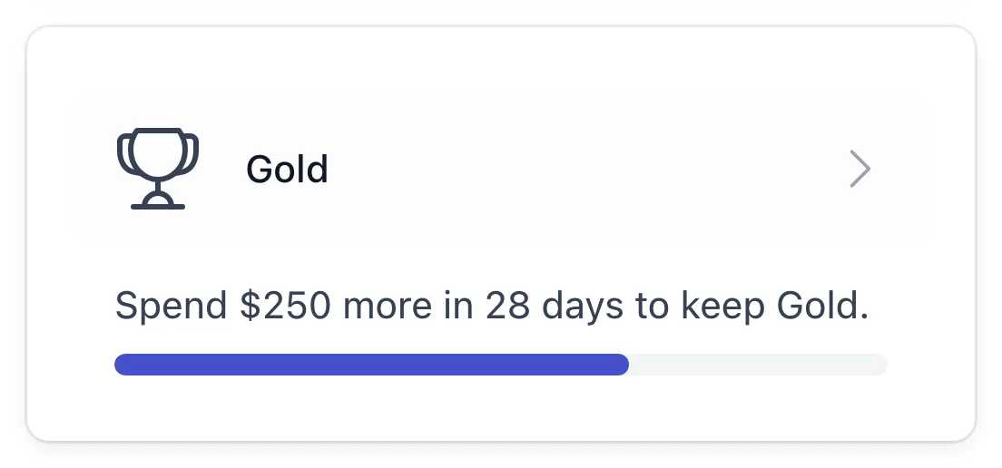 VIP Status card in the Rewards Widget showing how much more the member needs to spend, and how many days they have, to keep their tier