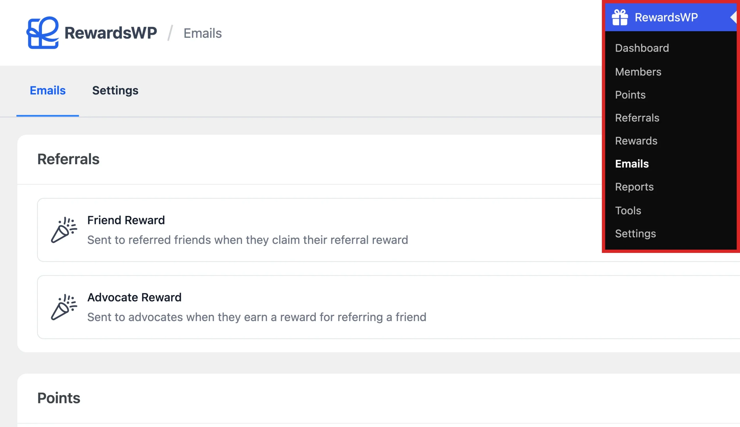 RewardsWP admin menu with Emails highlighted