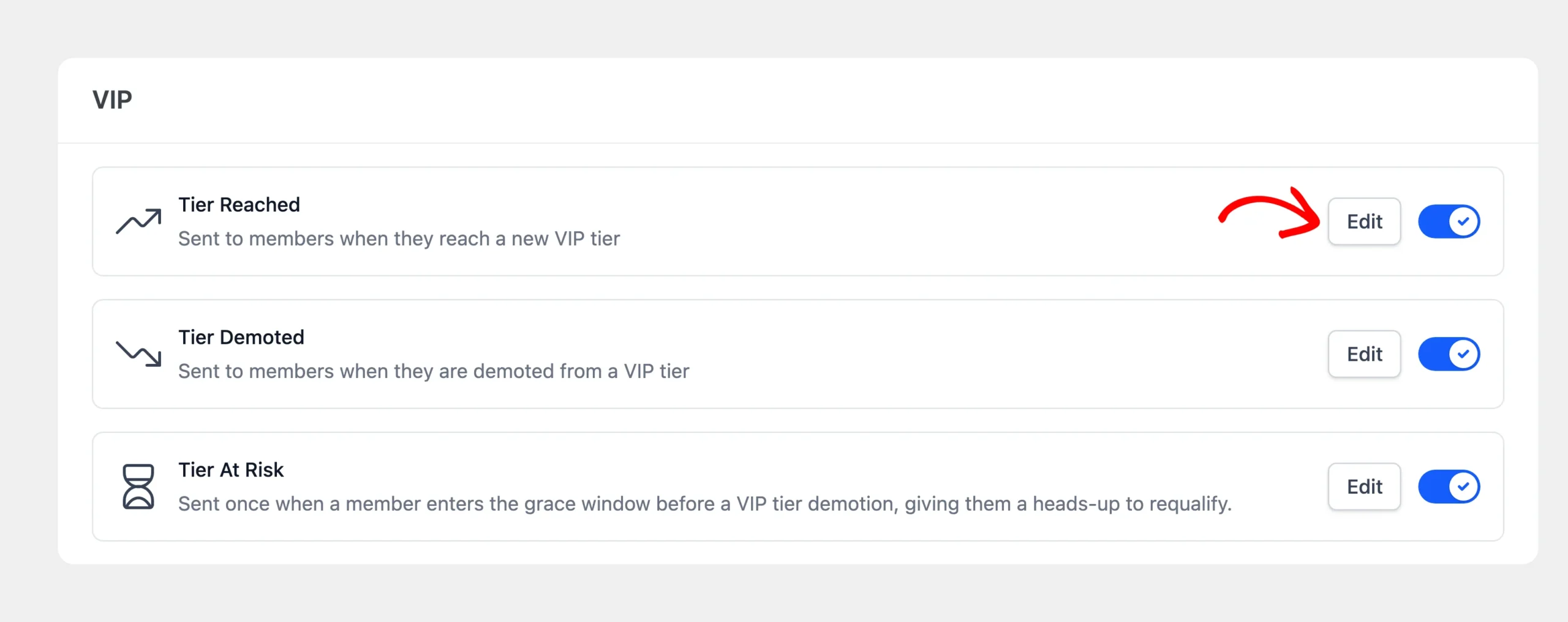 VIP group on the Emails screen with an arrow pointing at the Edit button for Tier Reached
