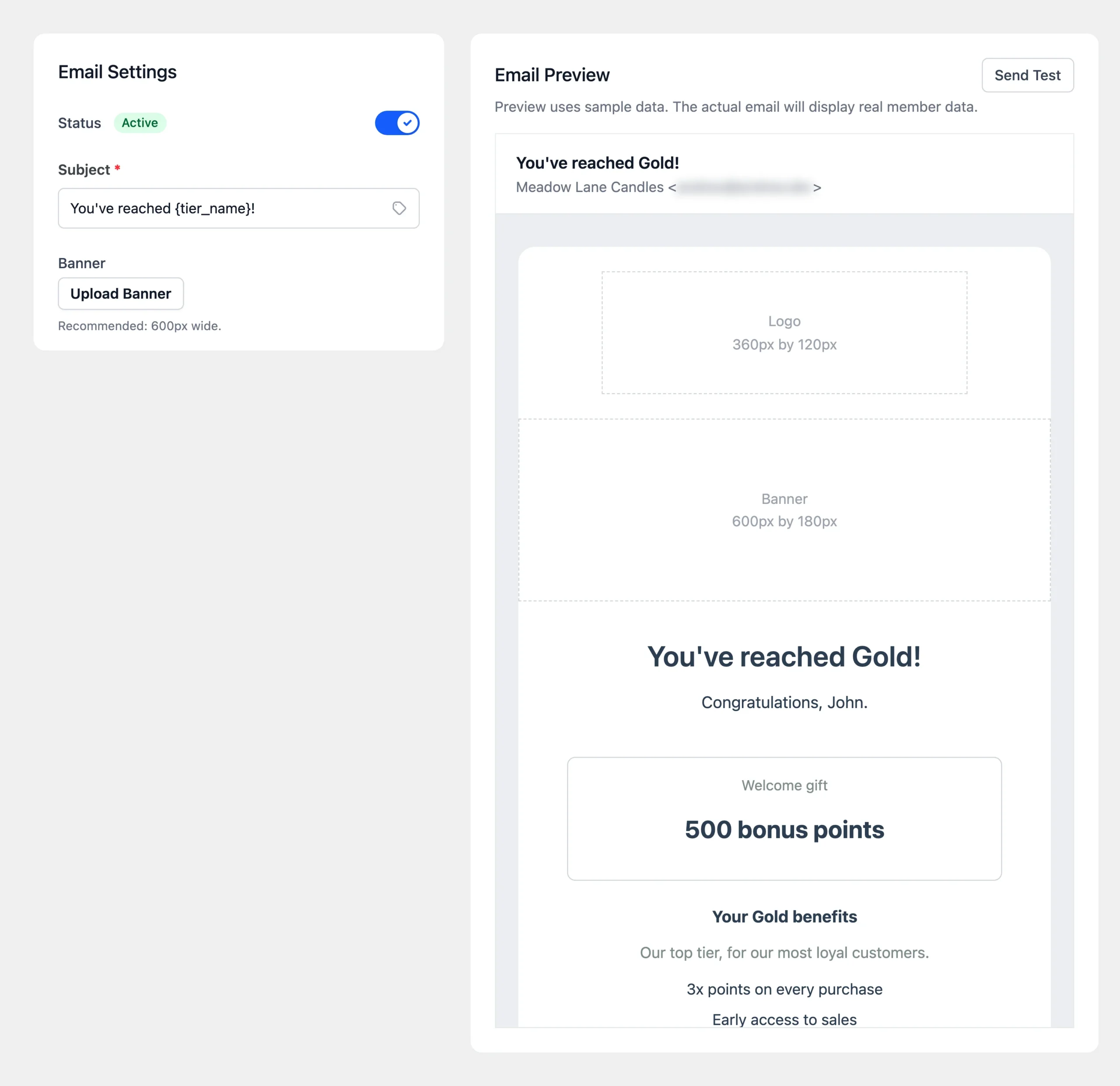 Tier Reached email settings showing Status, Subject, and Banner beside the email preview