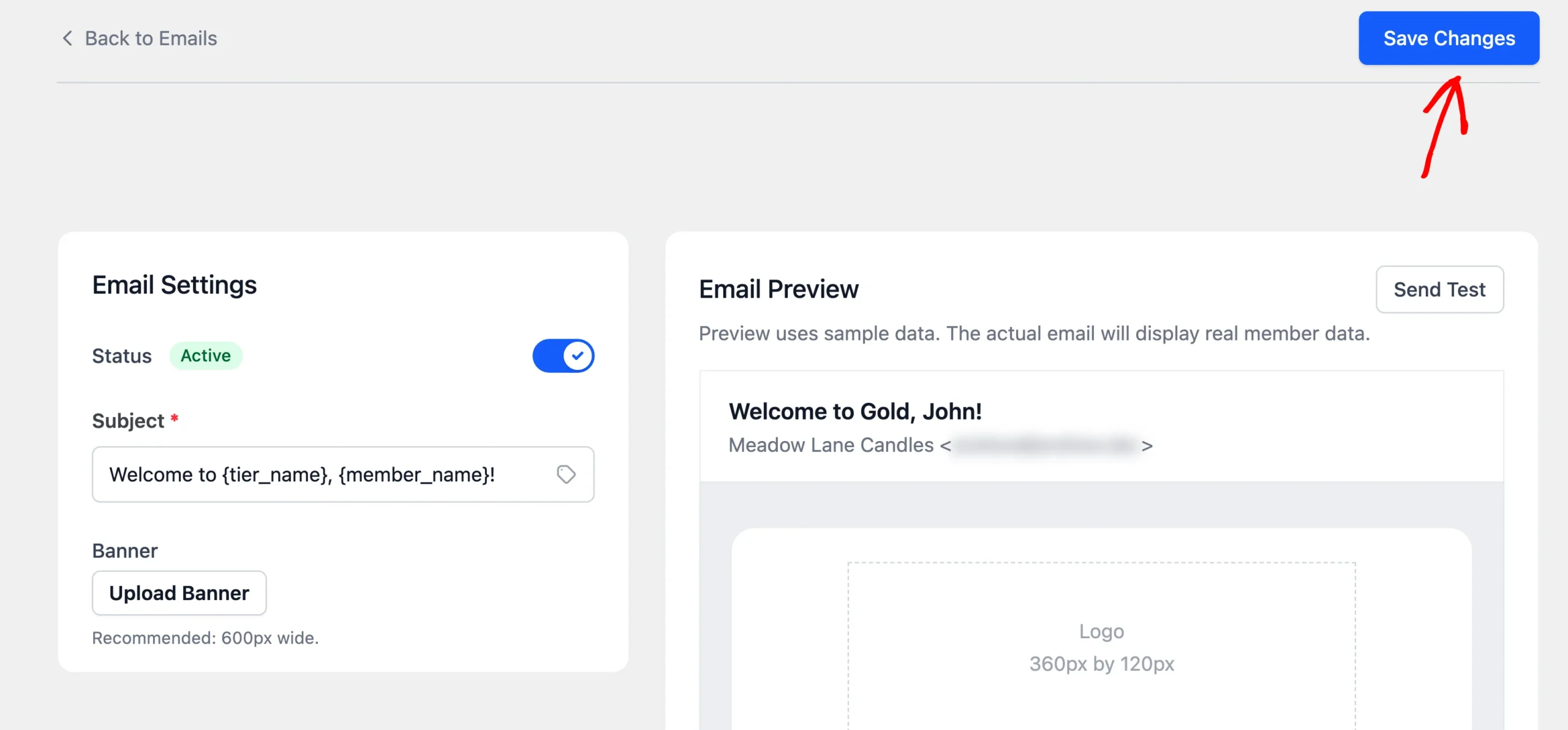 Email settings screen with an arrow pointing at the Save Changes button