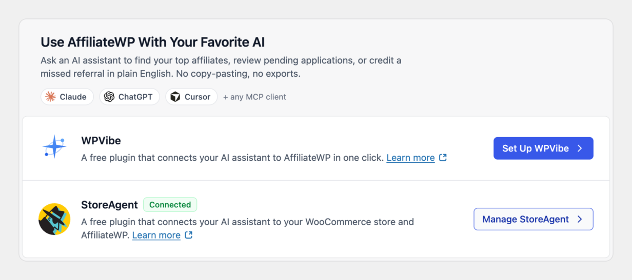 The AI MCP tab in AffiliateWP, listing WPVibe with a Set Up WPVibe button, and StoreAgent marked Connected
