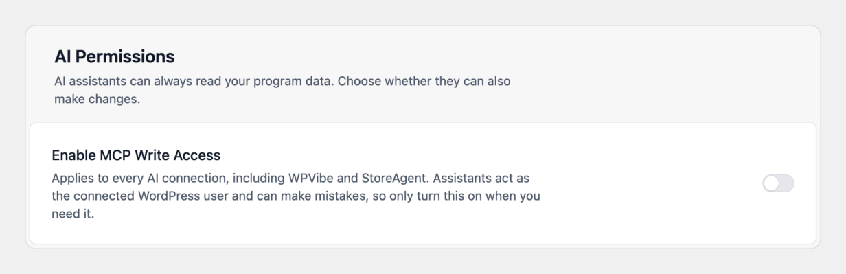 The AI Permissions section of the AI MCP tab in AffiliateWP, with the Enable MCP Write Access toggle turned off