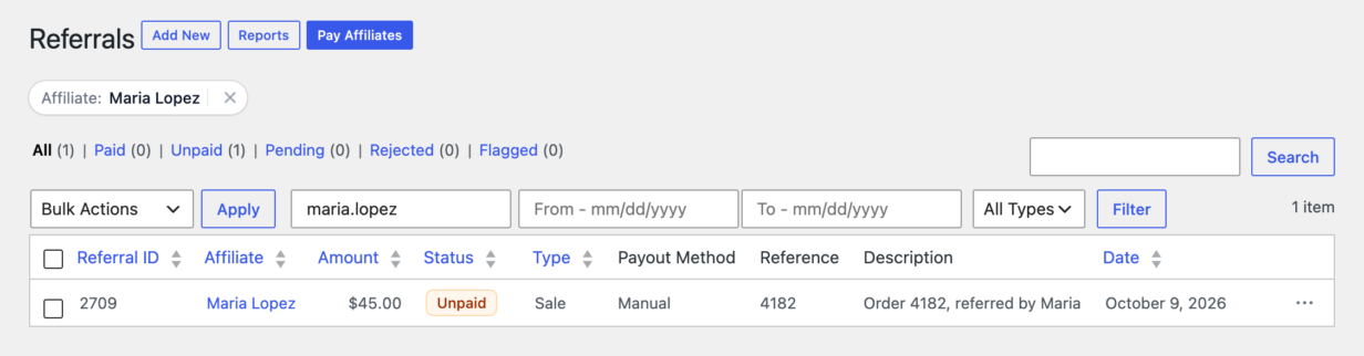 The Referrals screen in AffiliateWP, showing Maria Lopez's new .00 unpaid referral with reference 4182