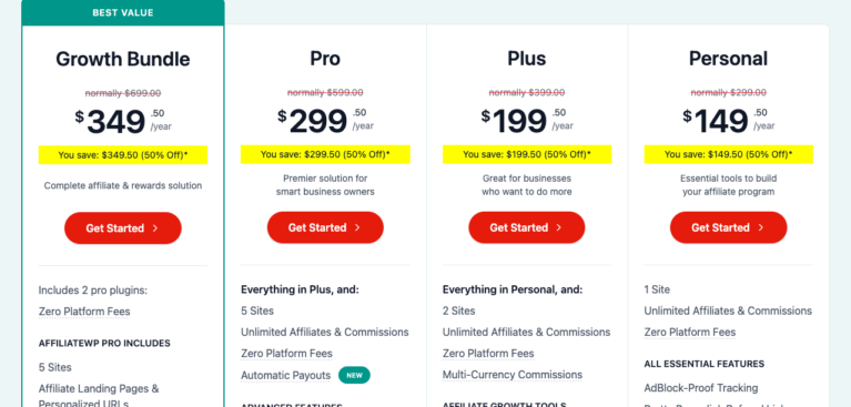 AffiliateWP pricing plans: Growth Bundle, Pro, Plus and Personal