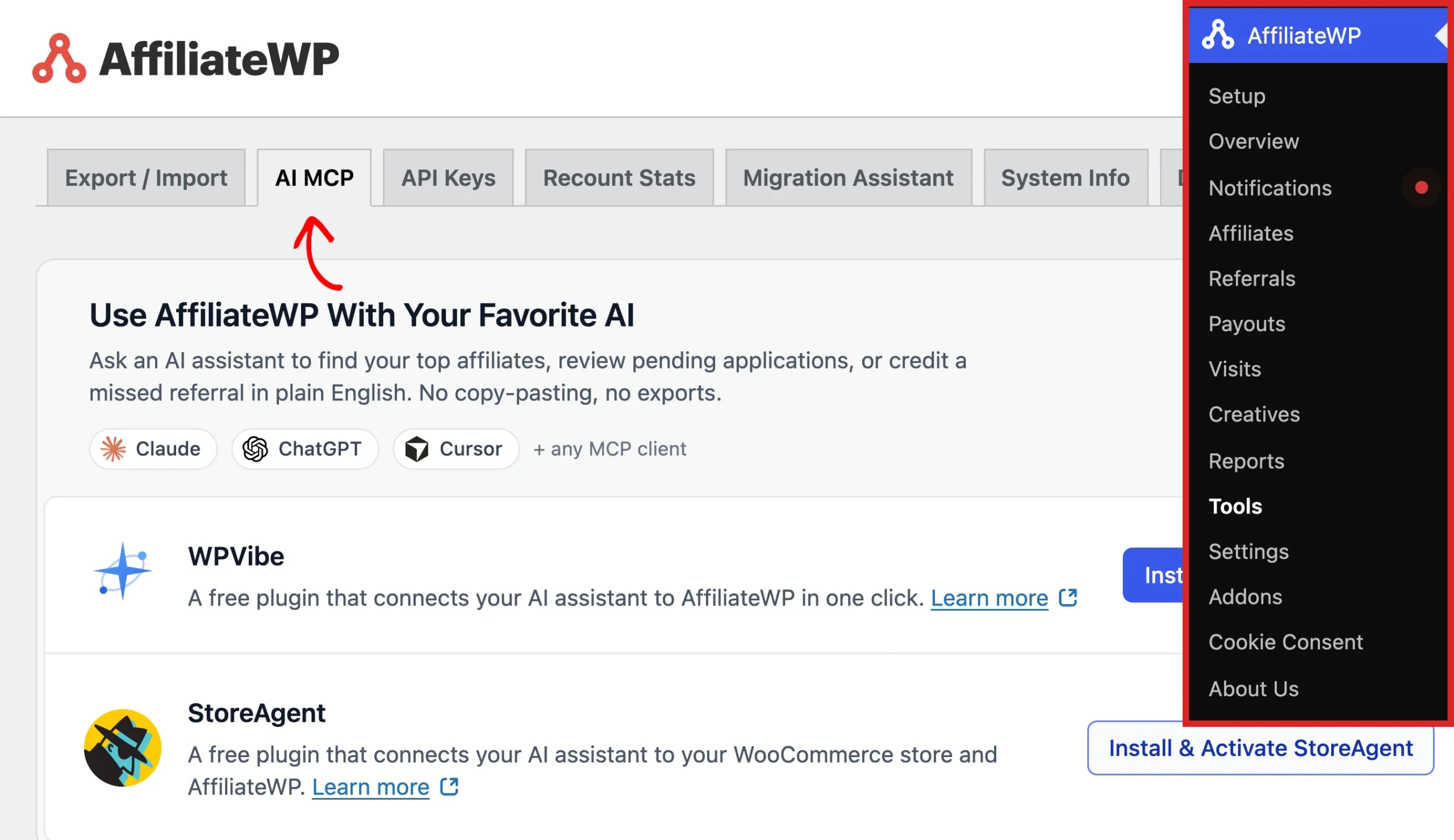 AffiliateWP admin menu with Tools highlighted, and the Tools screen with an arrow pointing at the AI MCP tab