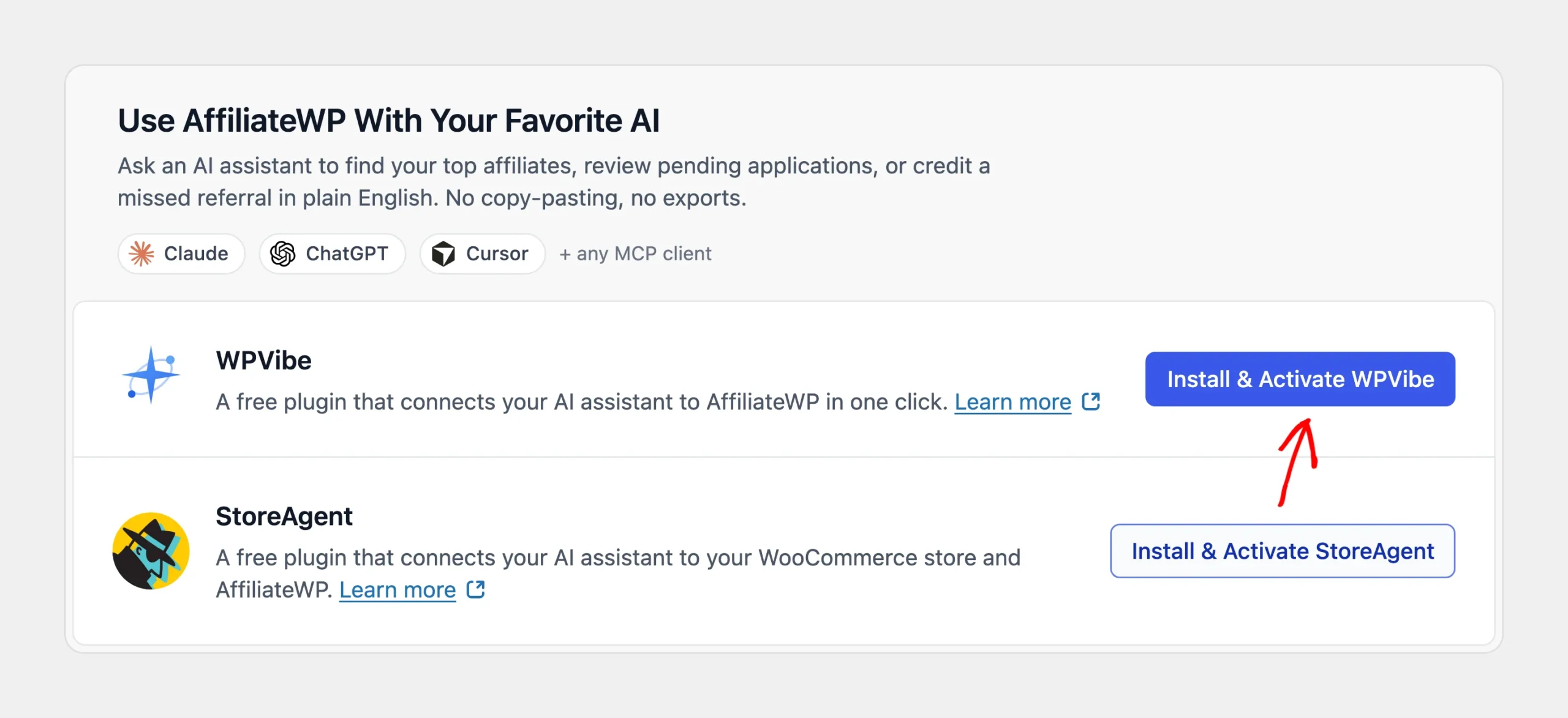 AI MCP tab with an arrow pointing at the Install and Activate WPVibe button