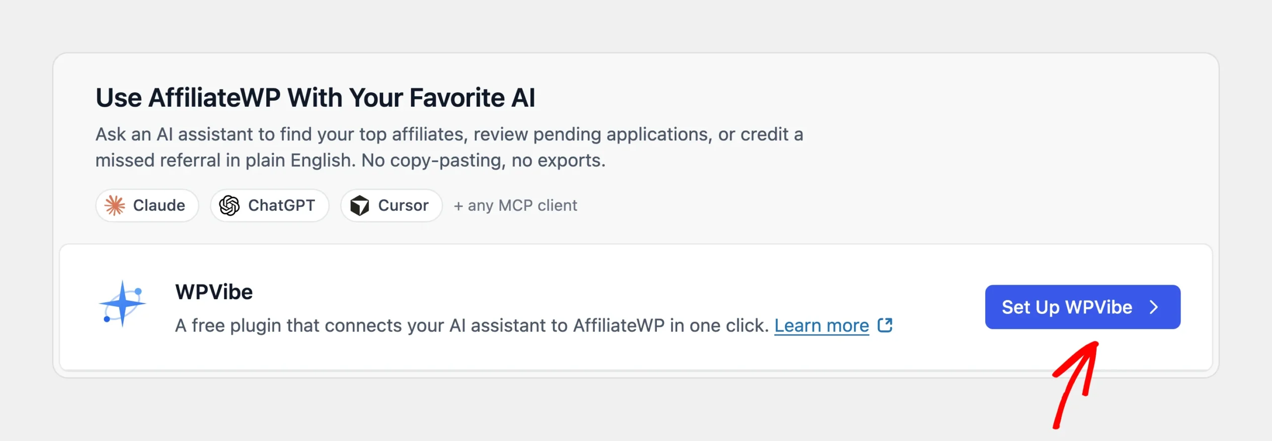 WPVibe row on the AI MCP tab with an arrow pointing at the Set Up WPVibe button