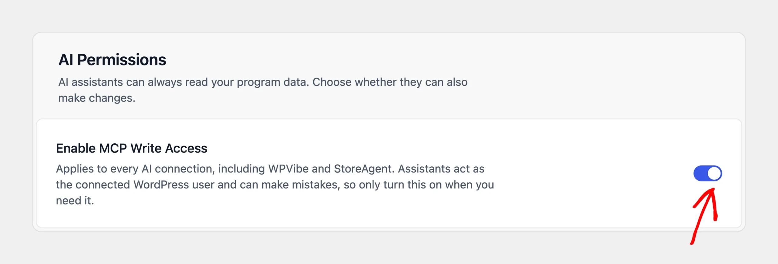 AI Permissions section with an arrow pointing at the Enable MCP Write Access toggle, turned on