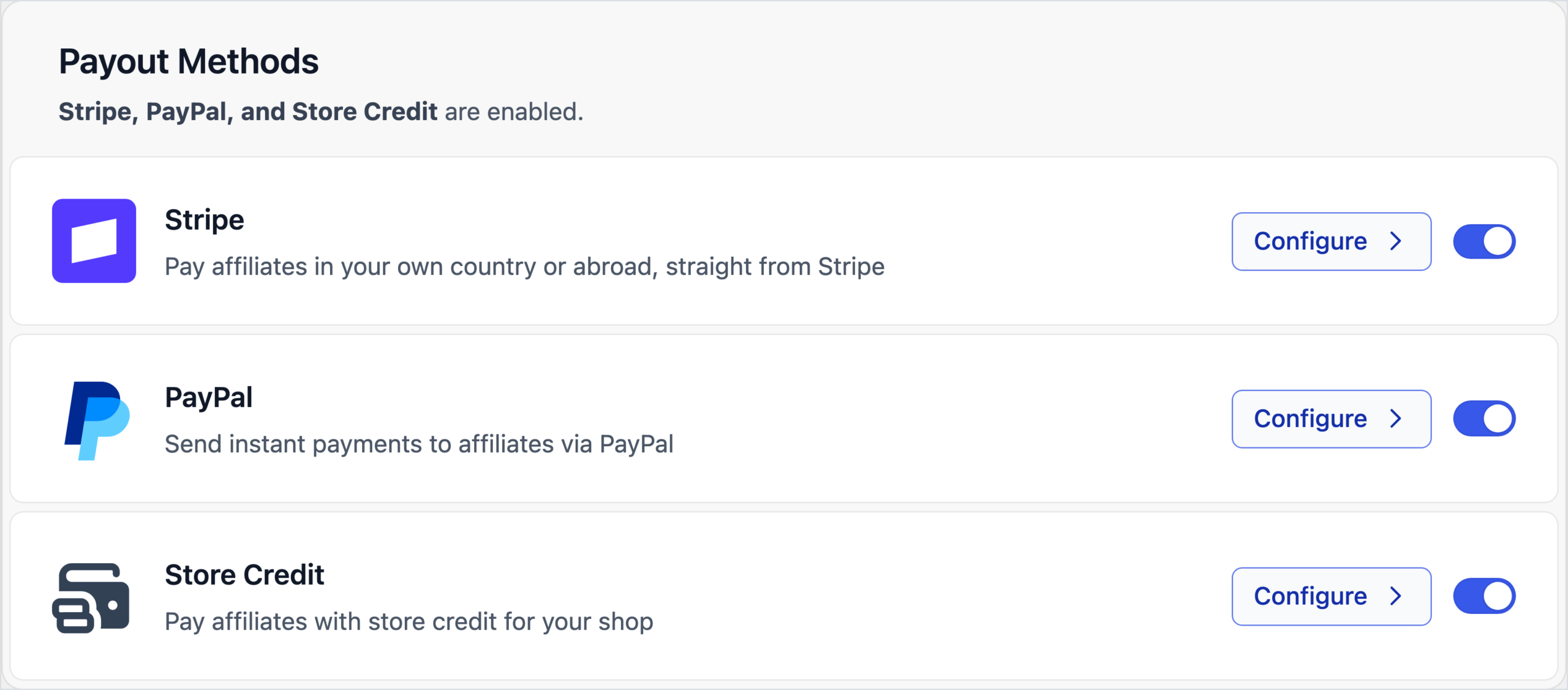 Ajustes de AffiliateWP, pestaña Pagos, sección Métodos de pago con las tarjetas de Stripe, PayPal y Crédito de tienda activadas