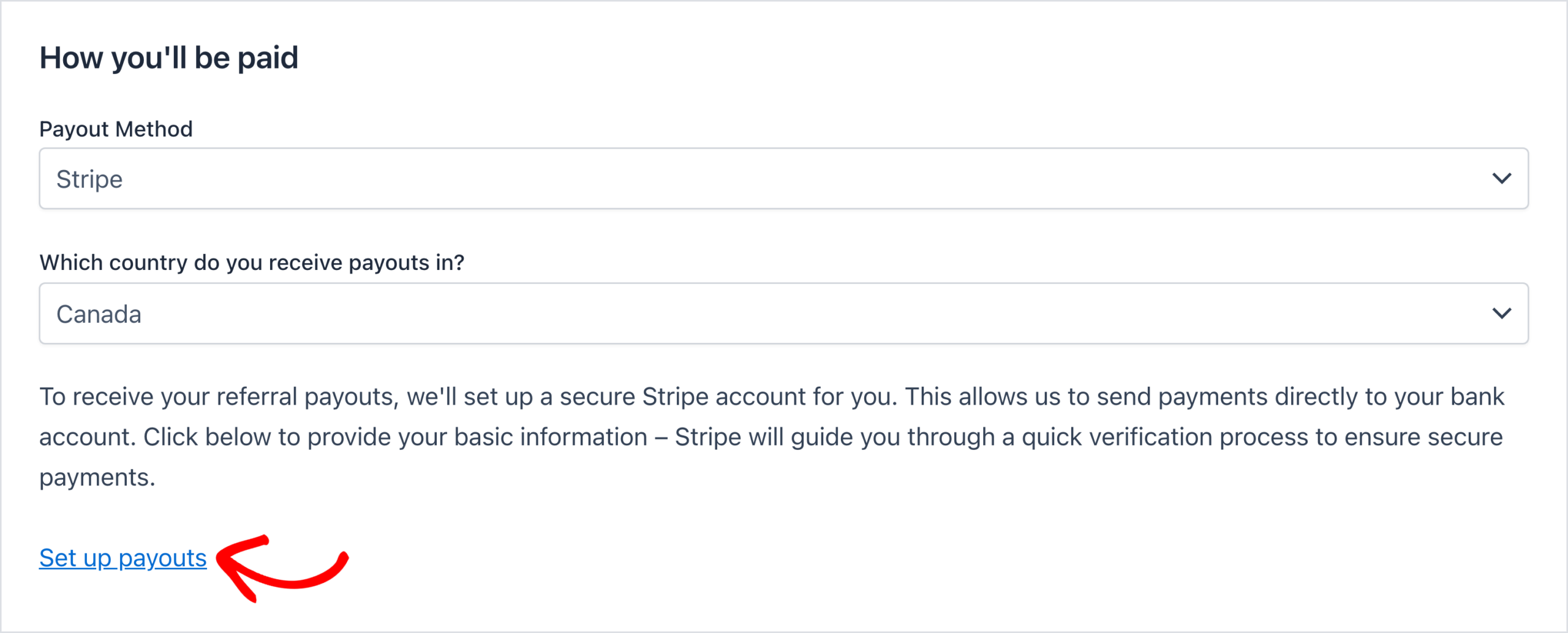 Pestaña de configuración del área de afiliados, sección Cómo se te pagará, con Stripe seleccionado, el país de pago establecido en Canadá y un enlace Configurar pagos