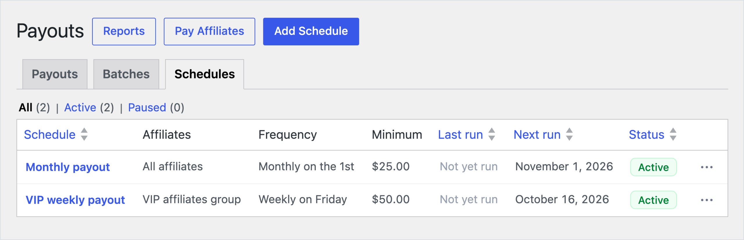 AffiliateWP Payouts Schedules tab listing two active schedules, VIP weekly payout and Monthly payout, with their frequency, minimum, last run and next run