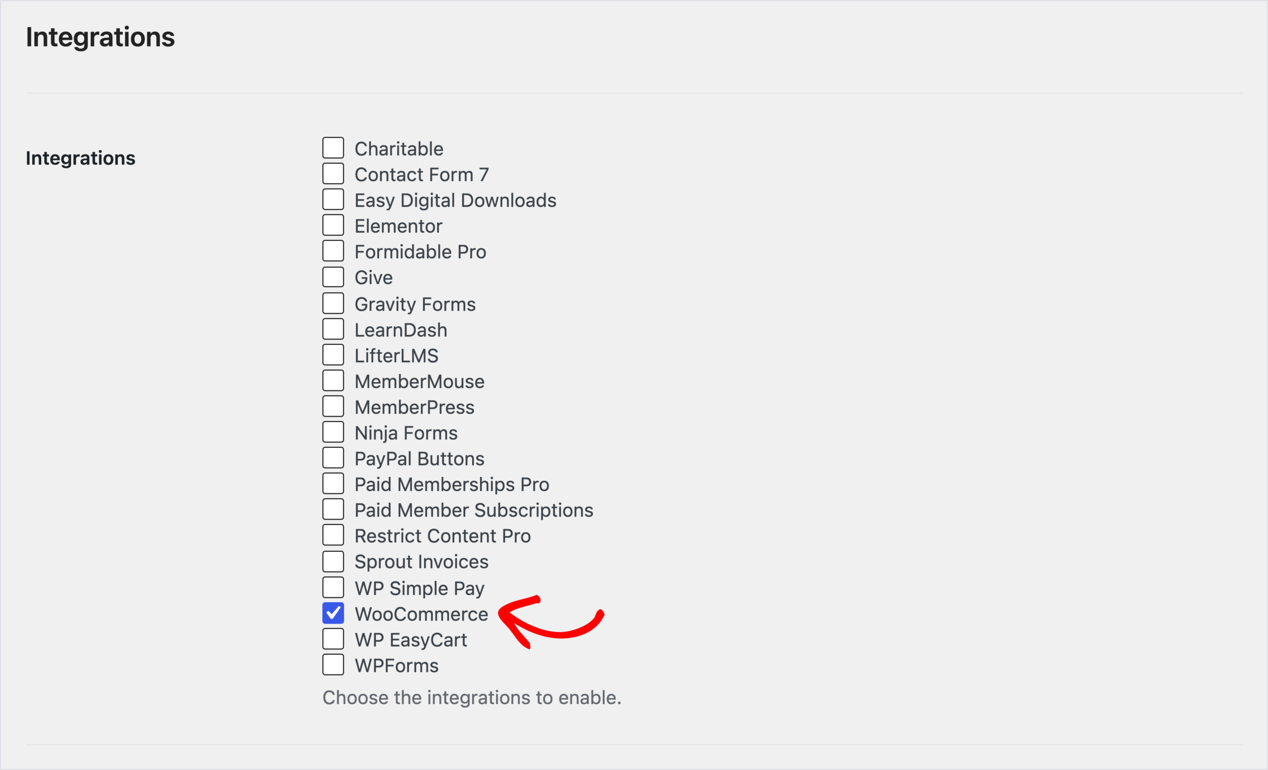Configuración de AffiliateWP, pestaña Integraciones, con WooCommerce marcado en la lista de integraciones