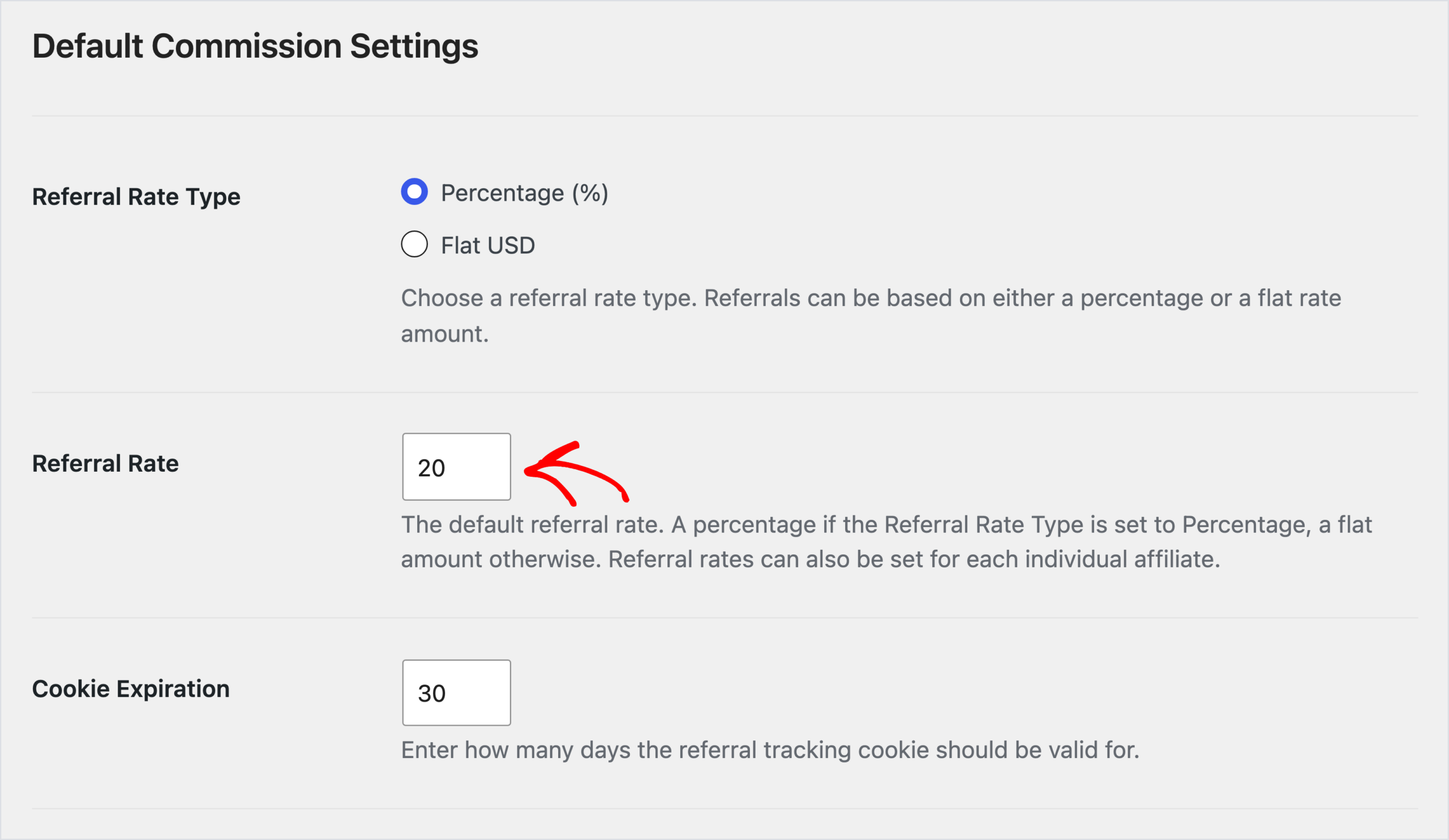 Configuración de AffiliateWP, pestaña Comisiones, parte superior de la sección Configuración de Comisión Predeterminada con Tipo de Tasa de Referencia establecido en Porcentaje, Tasa de Referencia 20 y Expiración de Cookies 30 días