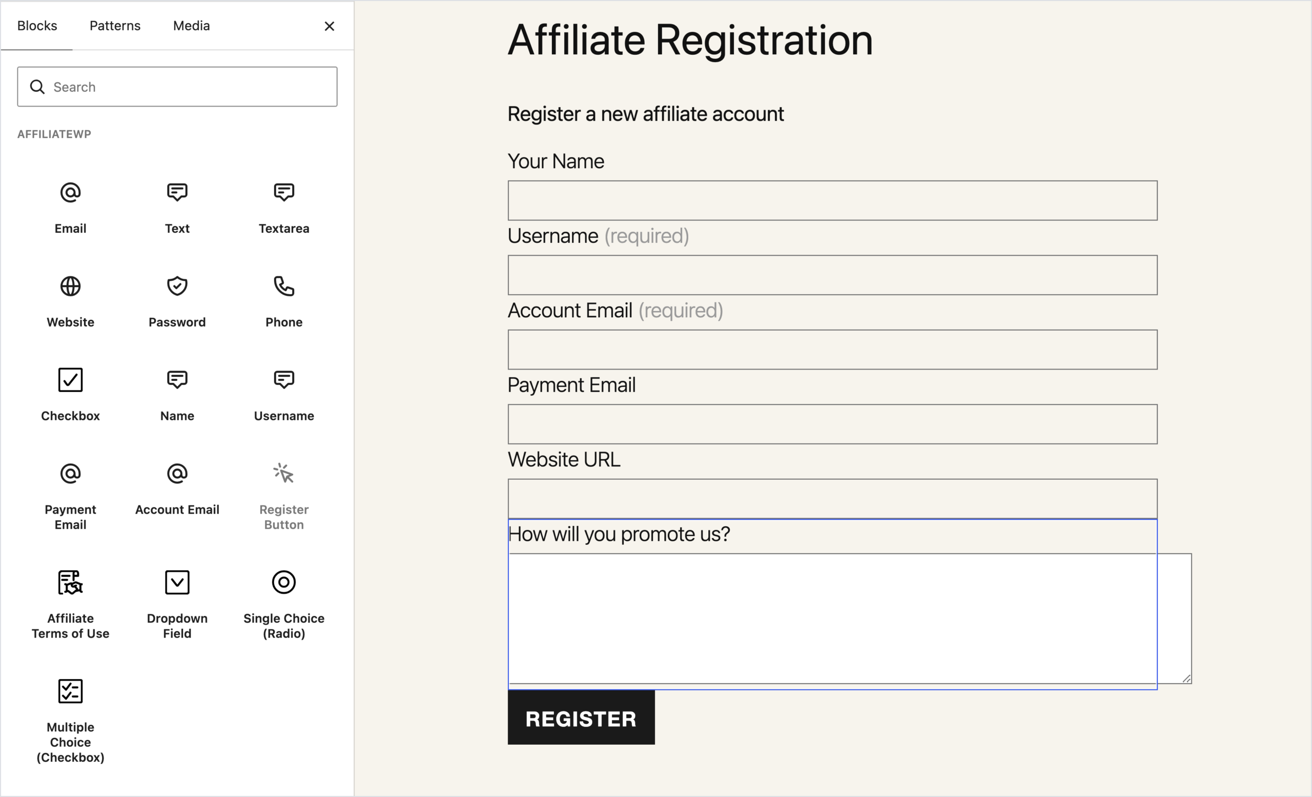 Página de Registro de Afiliados en el editor de bloques de WordPress, con el formulario de registro en la página y el insertador de bloques mostrando los bloques de campos de AffiliateWP