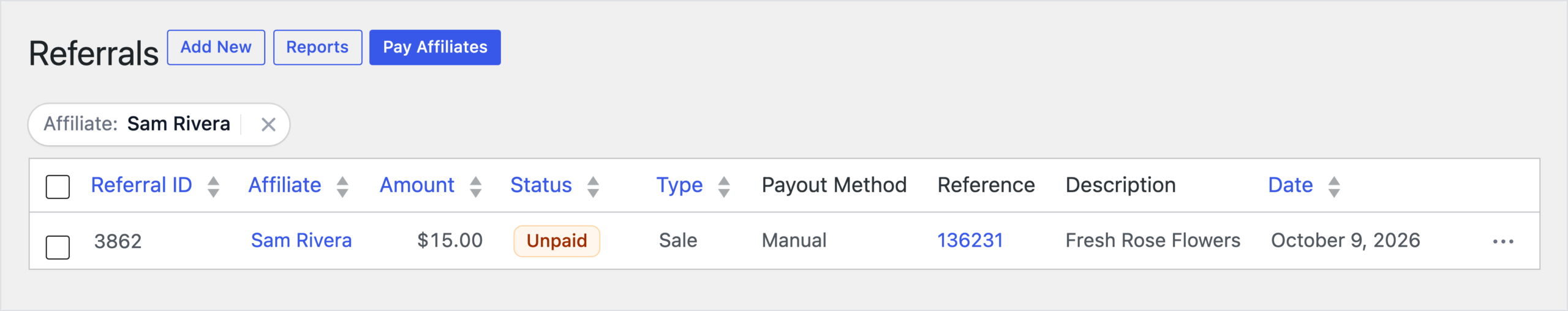 Pantalla de Referidos de AffiliateWP con un referido No Pagado de 15,00 US$ para Sam Rivera en un pedido de WooCommerce de Fresh Rose Flowers