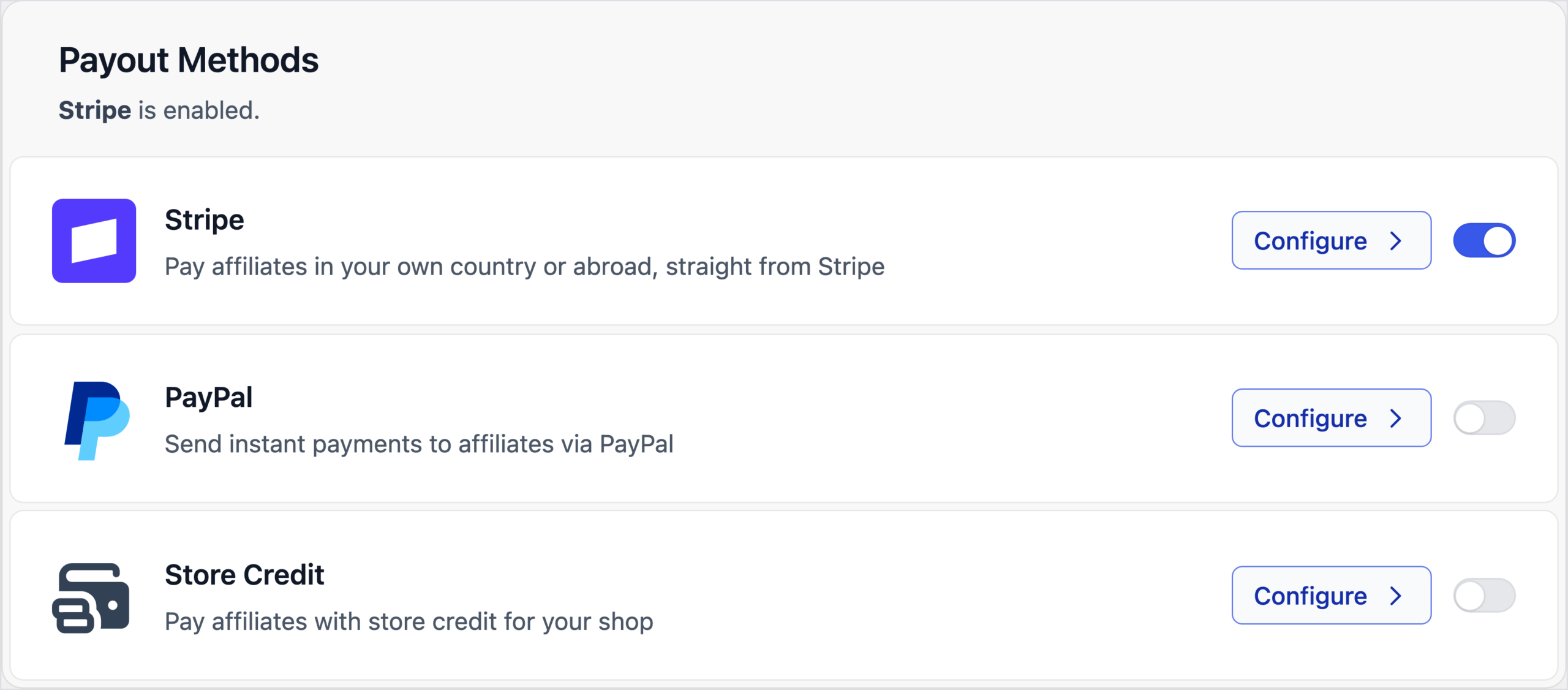 Configuración de AffiliateWP, pestaña Pagos, sección Métodos de Pago con la tarjeta de Stripe activada y las tarjetas de PayPal y Crédito en Tienda desactivadas